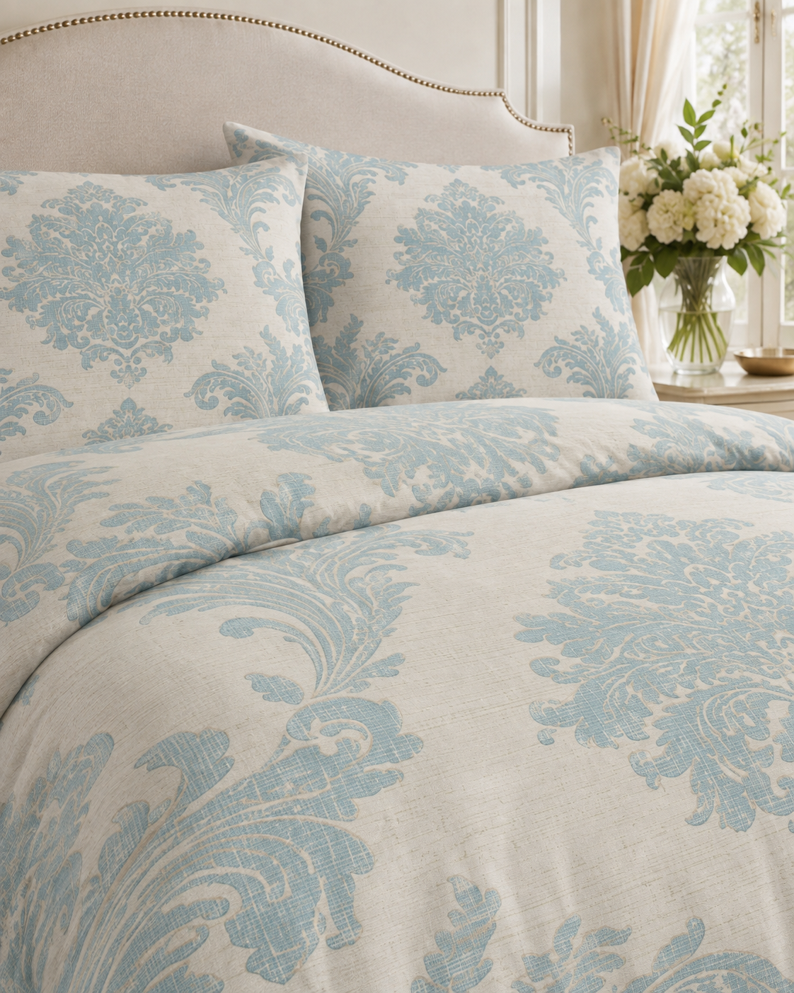 Celeste Blue Damask Cotton Bed Set – Elegant European Bedding with Duvet Cover & 2 Pillowcases
