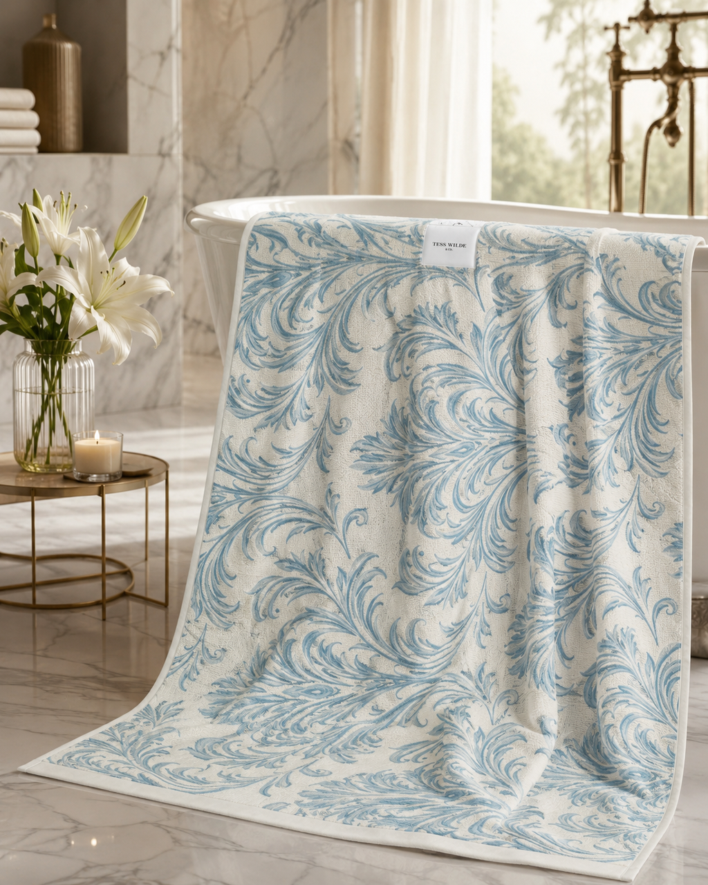 Azure Fleur Damask Towel | Ornamental Floral Bath Towel