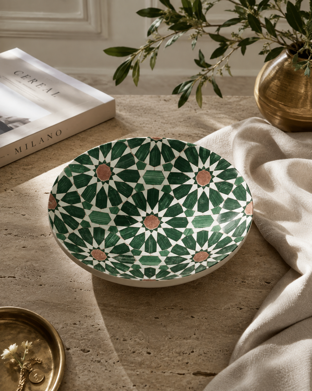 Emerald Zellige Ornamental Bowl, Green Mosaic Decorative Bowl, Mediterranean Home Decor, Moroccan Style Accent Bowl, Luxury Table Decor