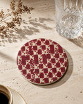Red Botanical Ceramic Coaster | Vintage Checkerboard Drink Coaster