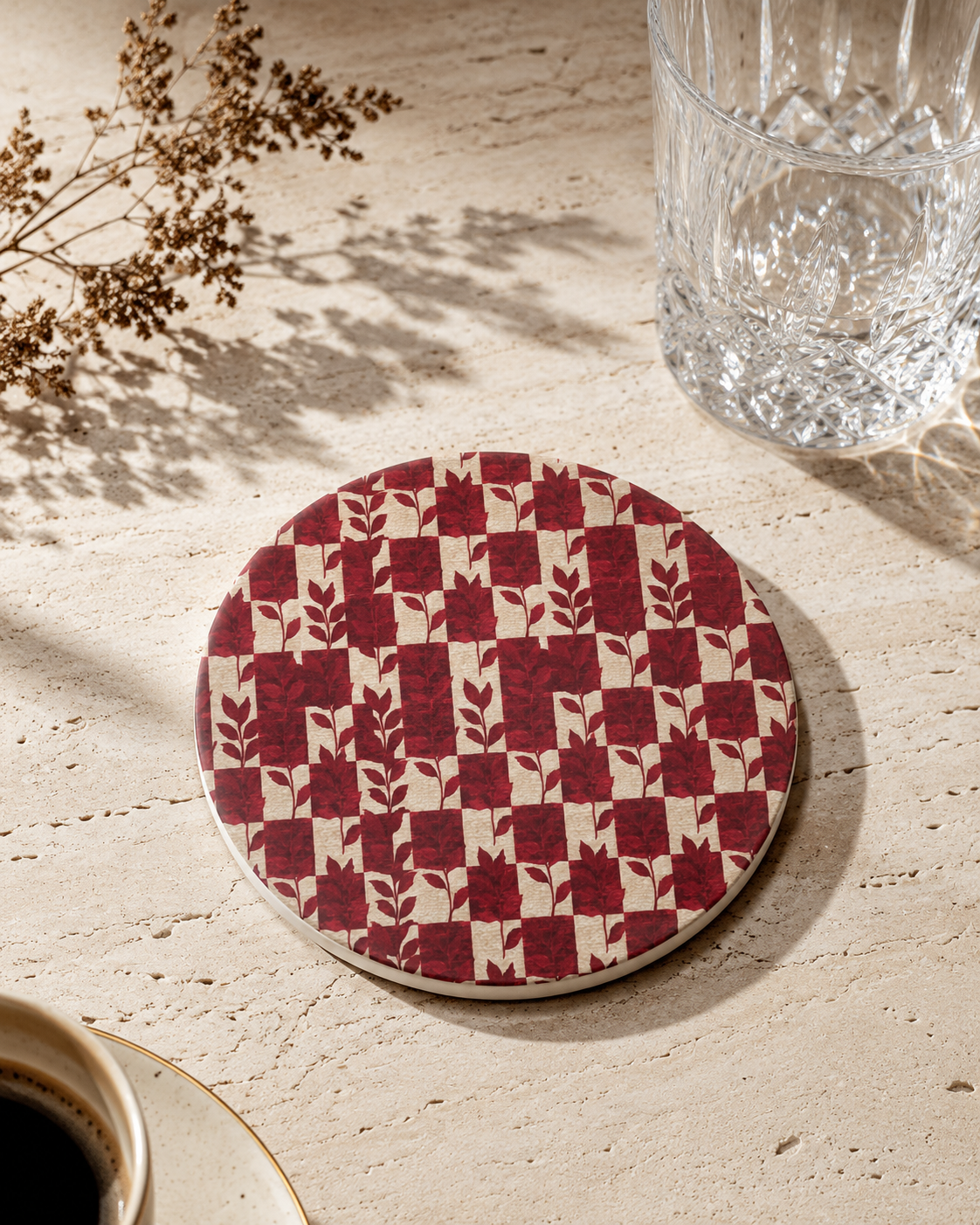 Red Botanical Ceramic Coaster | Vintage Checkerboard Drink Coaster