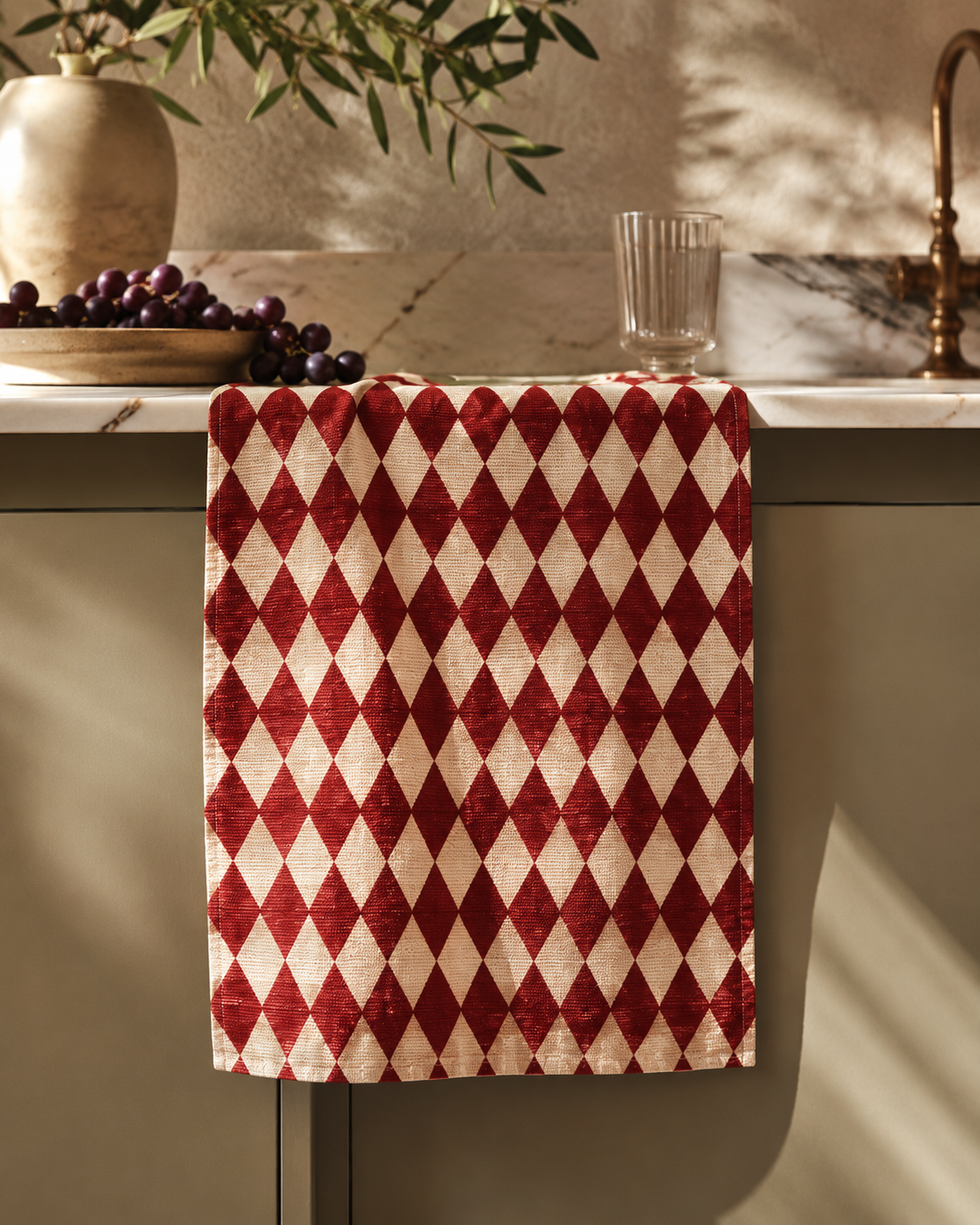 Red Harlequin Tea Towel | Vintage Argyle Decor