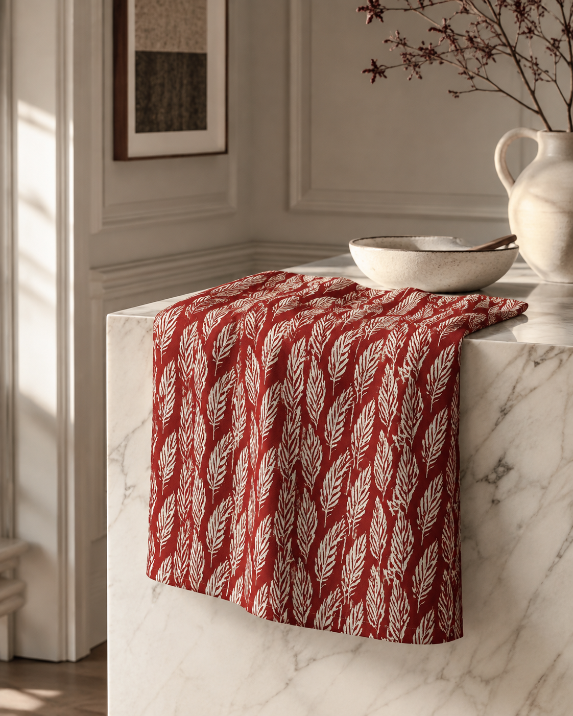 Crimson Red Feather Tea Towel | Christmas Kitchen Decor