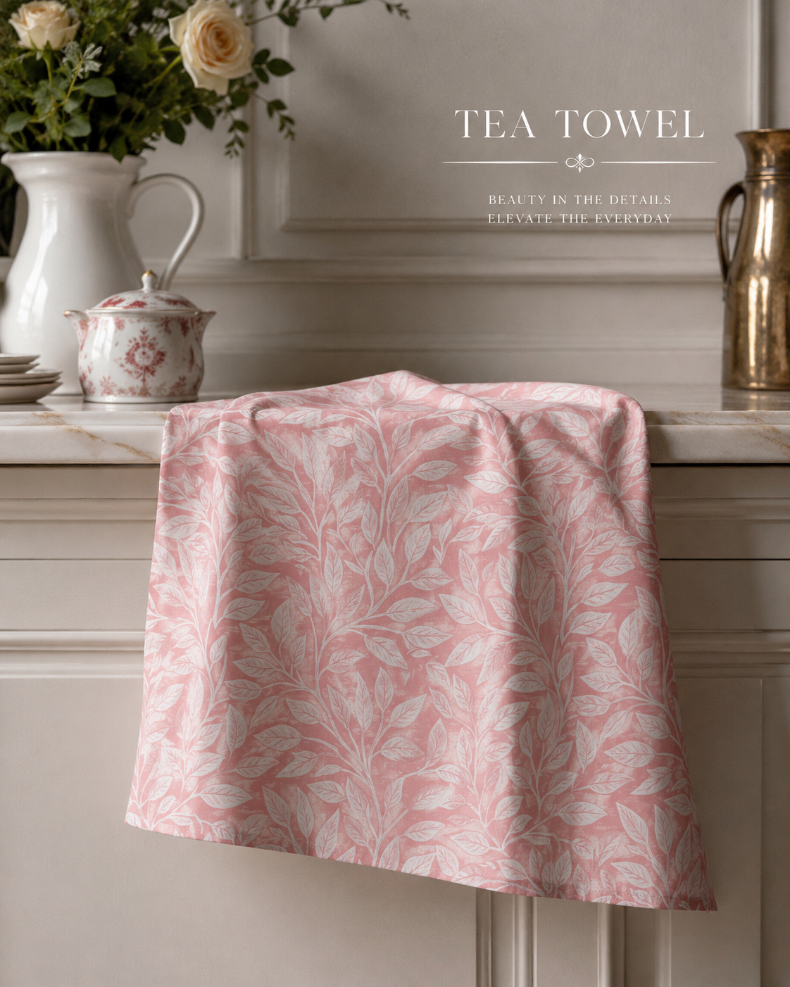 Pink Botanical Tea Towel | French Country Kitchen Decor