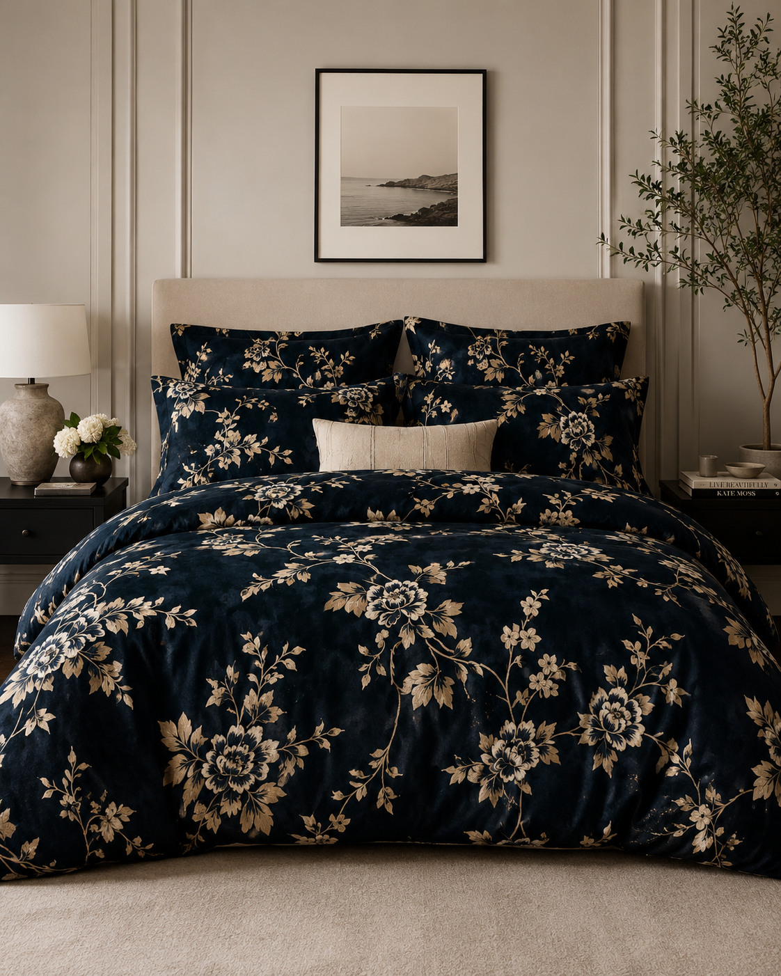 Luxury Navy Floral Duvet Cover Set, Elegant Botanical Bedroom
