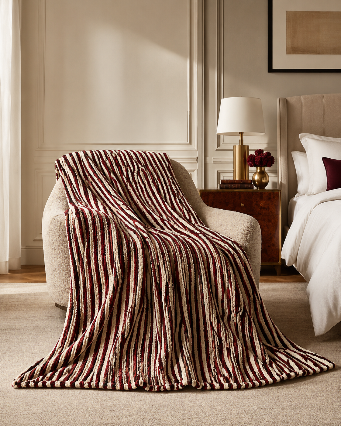 Rouge Zebra Velveteen Plush Blanket, Burgundy & Cream Animal Print Throw, Luxury Statement Blanket, 50x60 or 60x80