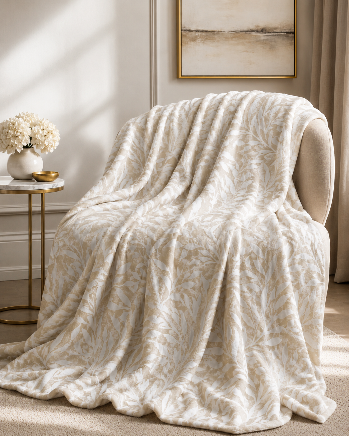 Ivory Willow Velveteen Plush Blanket | Neutral Botanical Throw | Beige & White Luxury Blanket | Elegant Cozy Home Decor