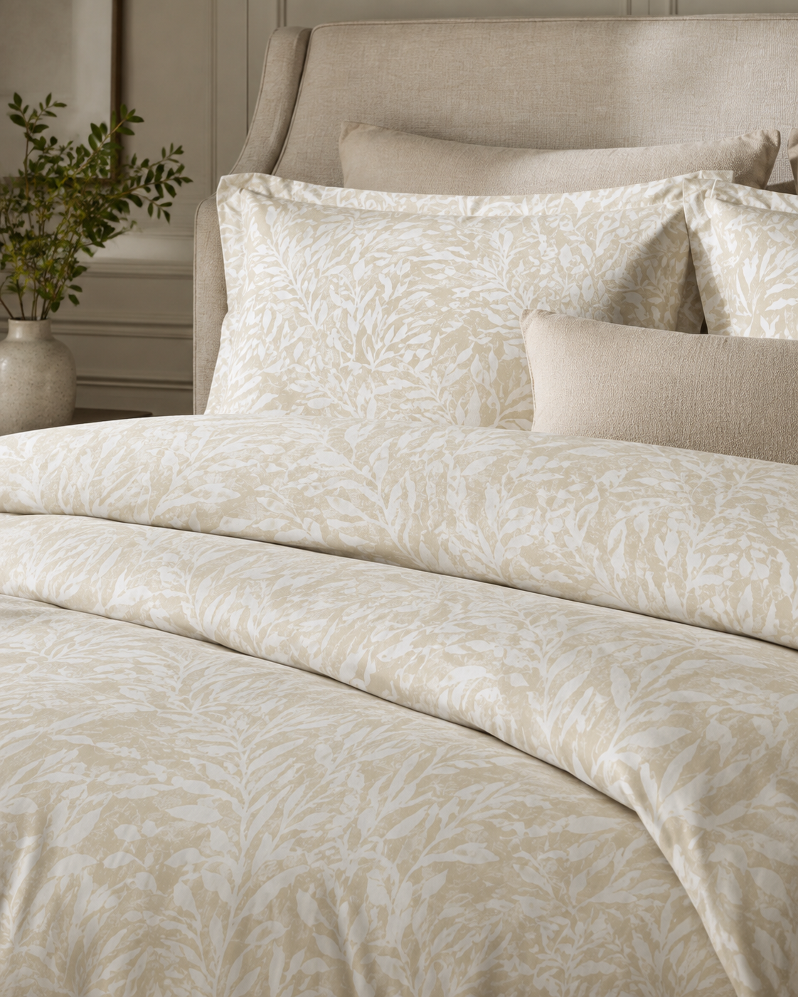 Ivory Willow Cotton Bed Set, Beige Botanical Bedding, Neutral Leaf Duvet Cover Set, Luxury Cottage Bedding, Twin Twin XL Queen