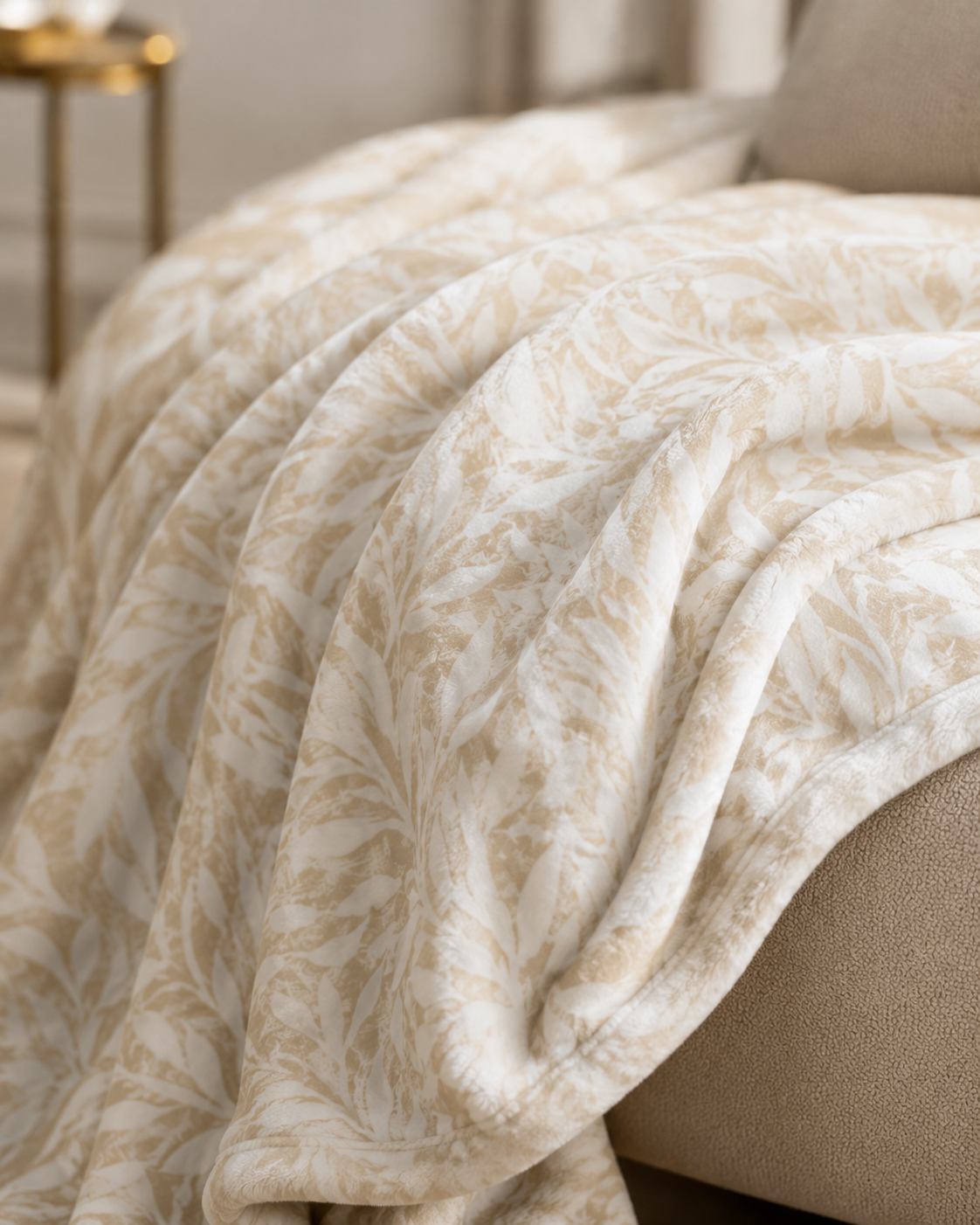 Ivory Willow Velveteen Plush Blanket | Neutral Botanical Throw | Beige & White Luxury Blanket | Elegant Cozy Home Decor