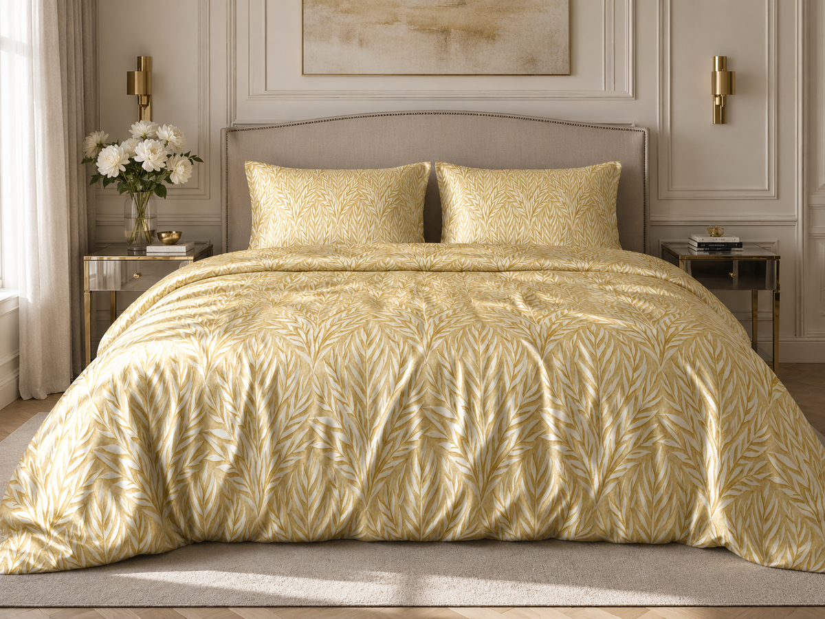Aurelia Willow 100% Silk Duvet Cover, Golden Botanical Luxury Bedding, Elegant Floral Duvet, European Bedroom Decor, King Bed Cover