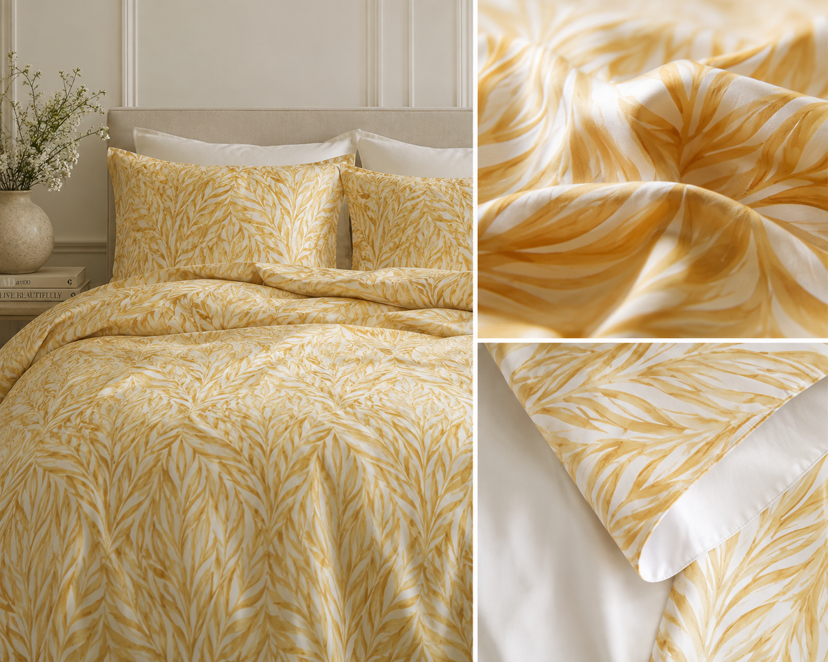 Aurelia Willow 100% Silk Duvet Cover, Golden Botanical Luxury Bedding, Elegant Floral Duvet, European Bedroom Decor, King Bed Cover