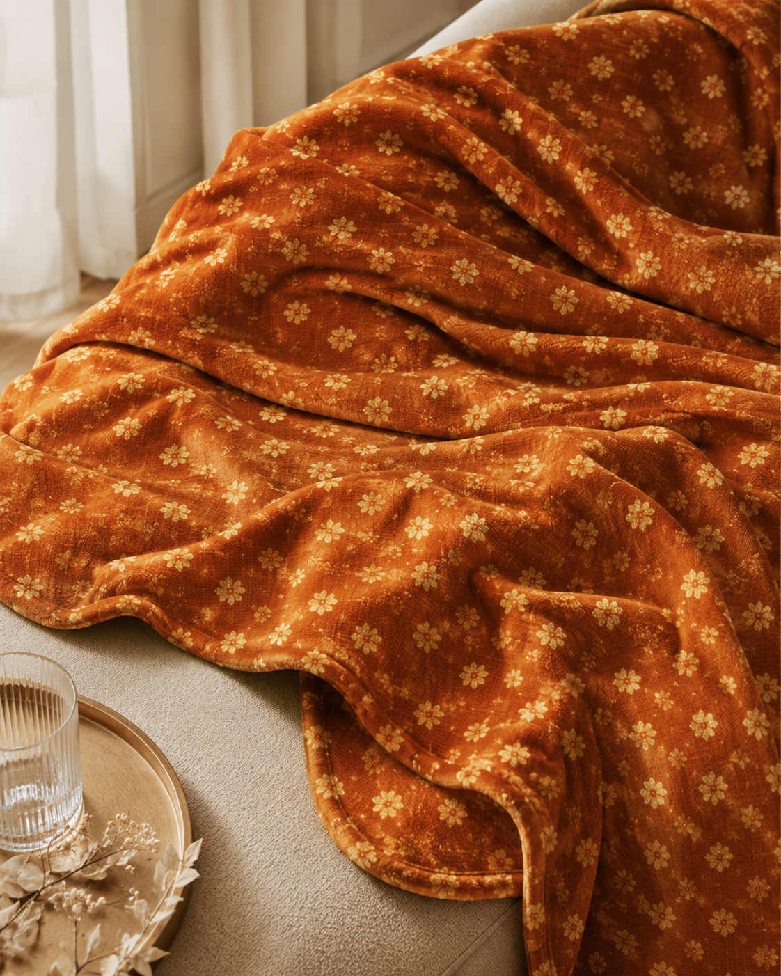 Retro Rust Floral Pattern Velveteen Plush Blanket | Cozy Fall Throw