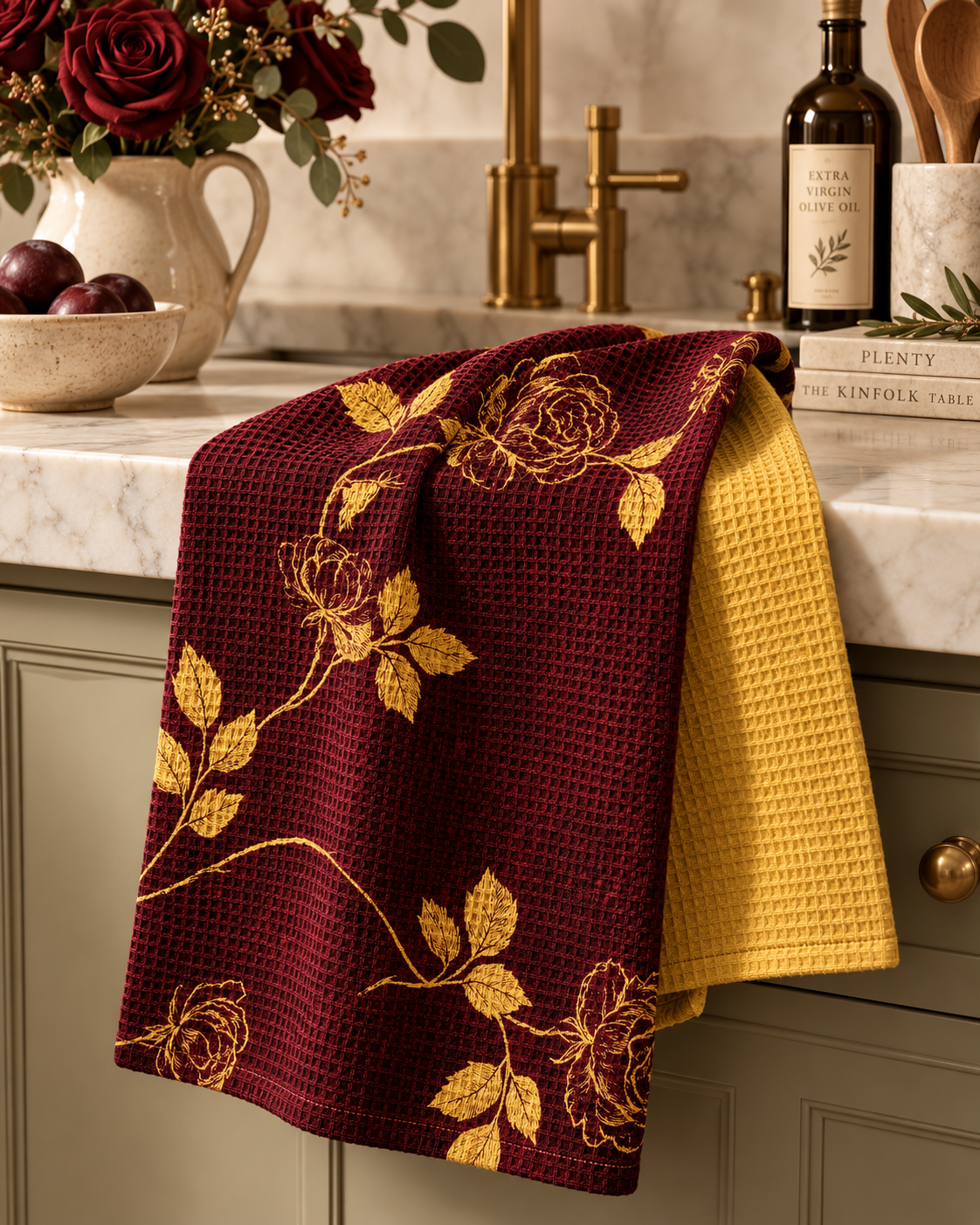 Golden Rose Vine Waffle Tea Towel | Floral Kitchen Towel