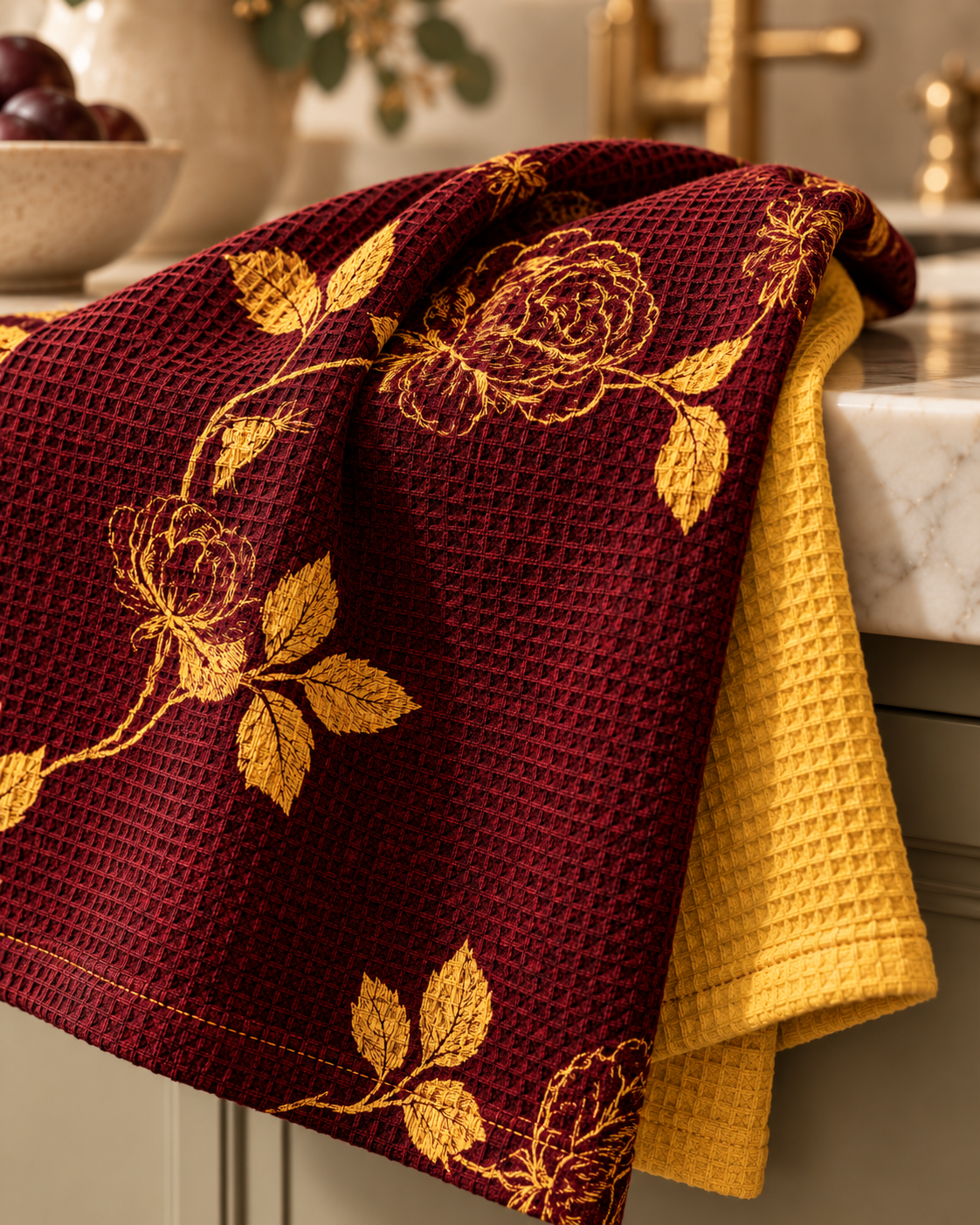 Golden Rose Vine Waffle Tea Towel | Floral Kitchen Towel