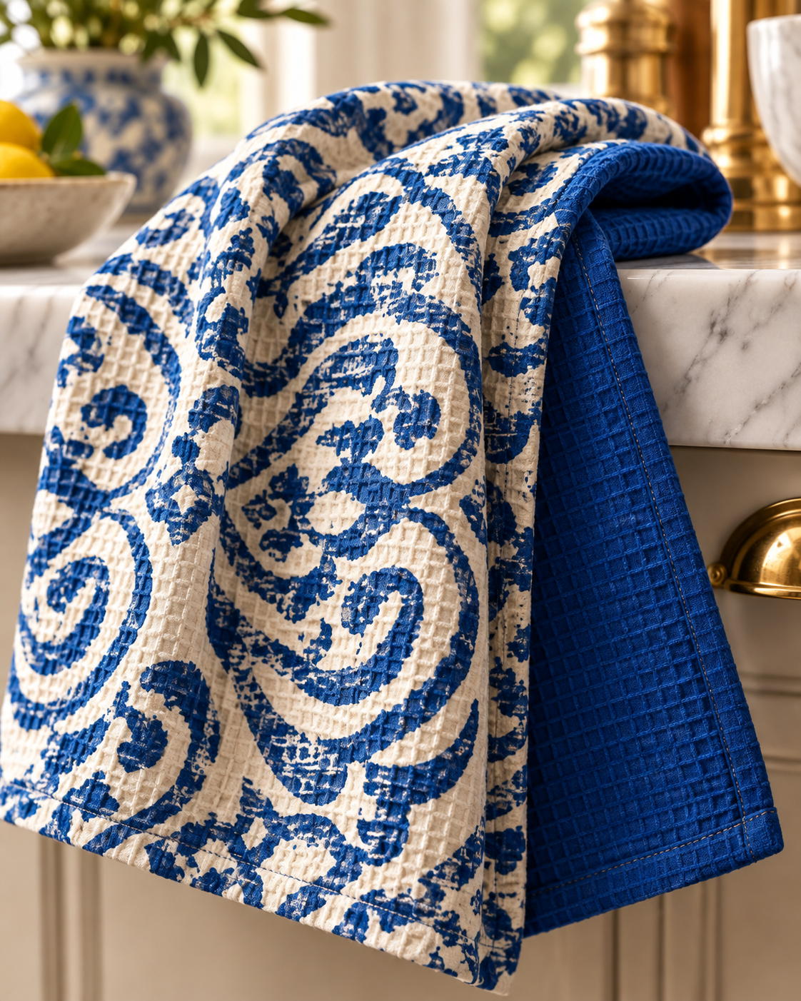 Blue Damask Pattern Tea Towel | Double-Sided Waffle Texture