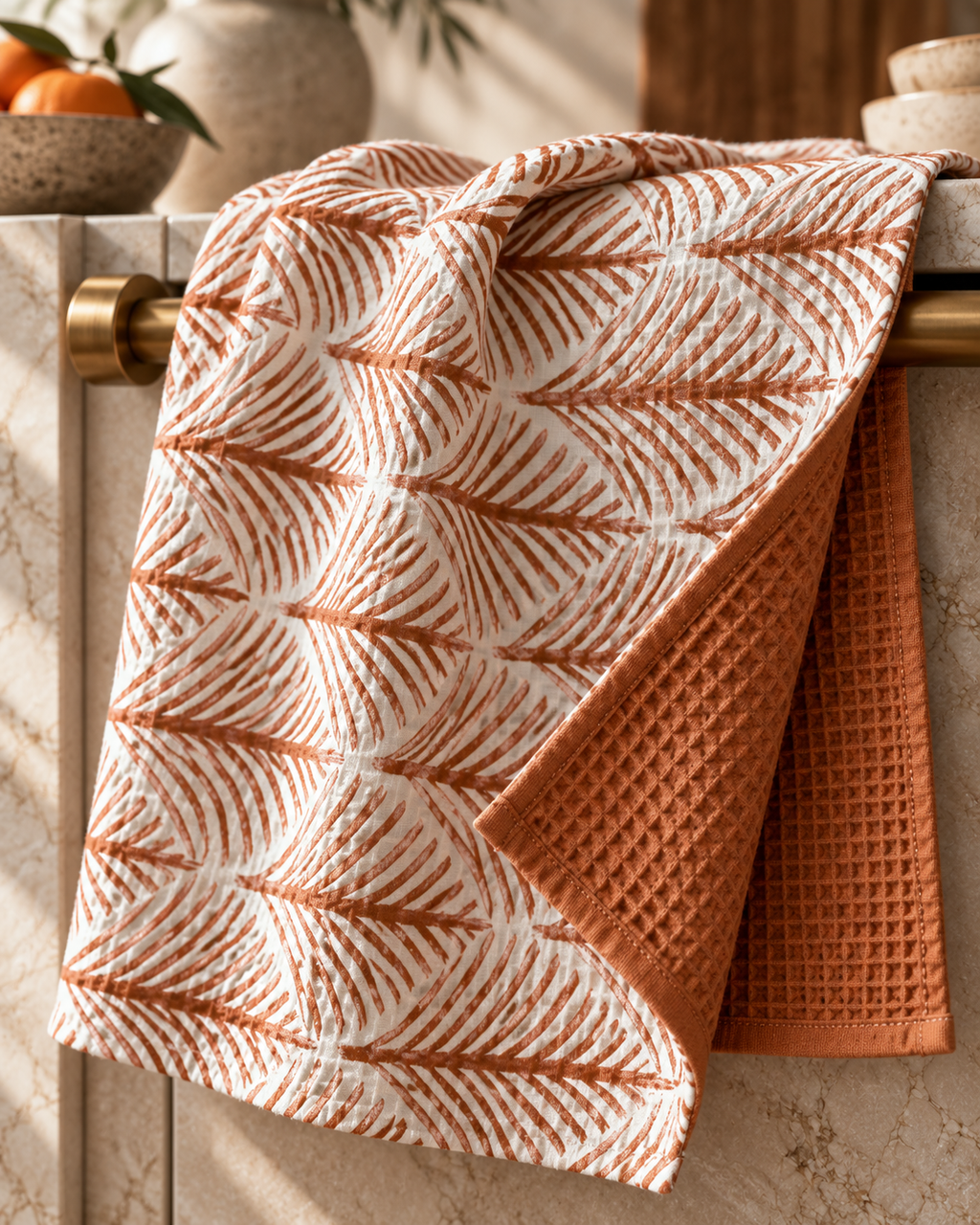 Terracotta Leaf Pattern Tea Towel | Double-Sided Waffle Texture