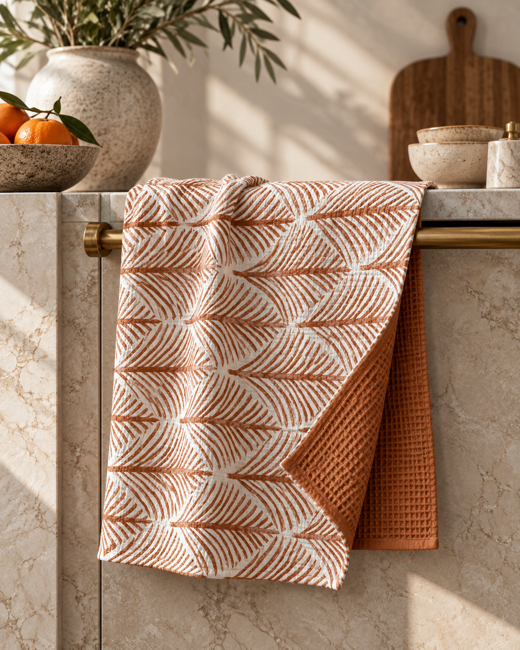 Terracotta Leaf Pattern Tea Towel | Double-Sided Waffle Texture