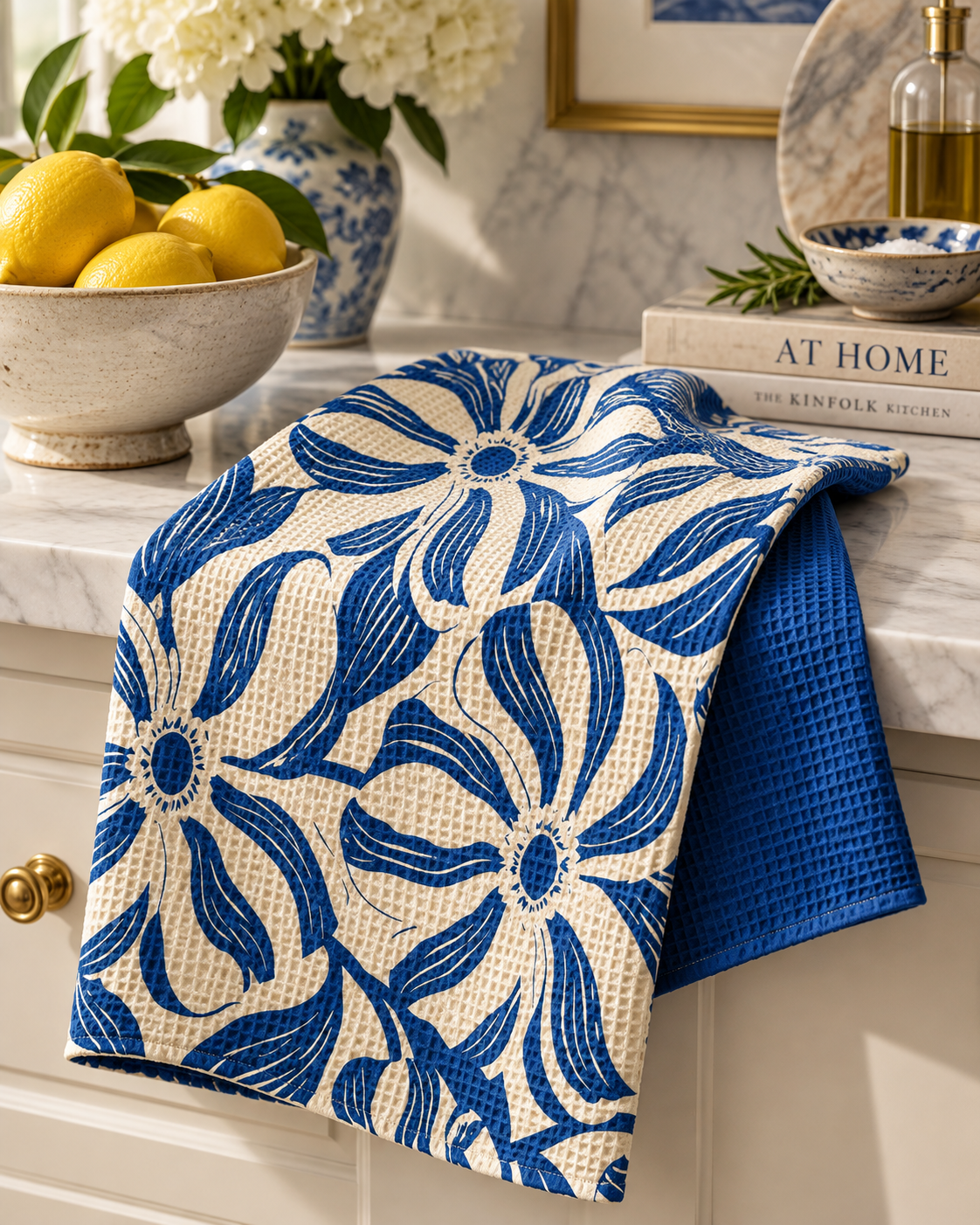 Blue Floral Pattern Waffle Tea Towel | Double-Sided Kitchen Towel