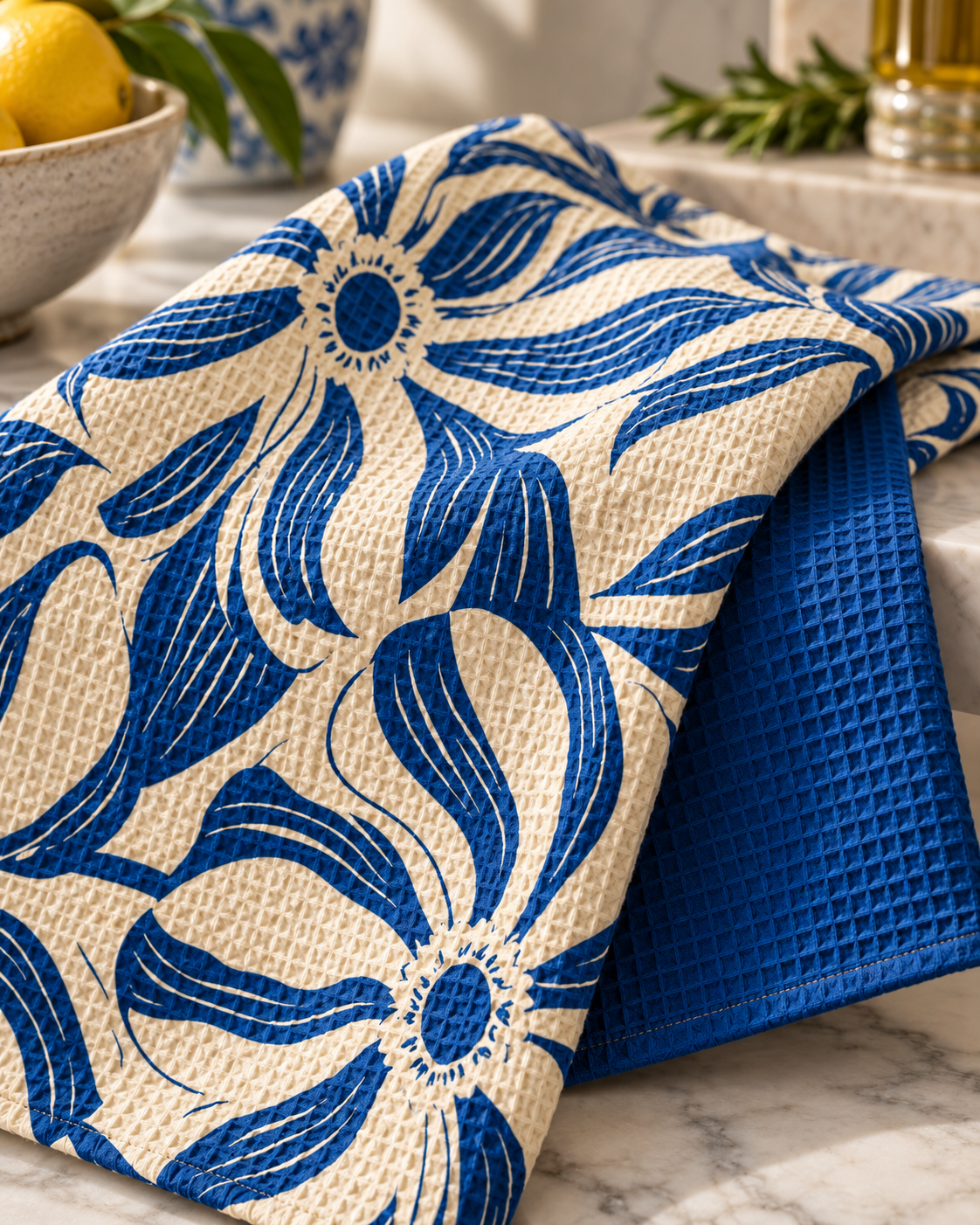 Blue Floral Pattern Waffle Tea Towel | Double-Sided Kitchen Towel