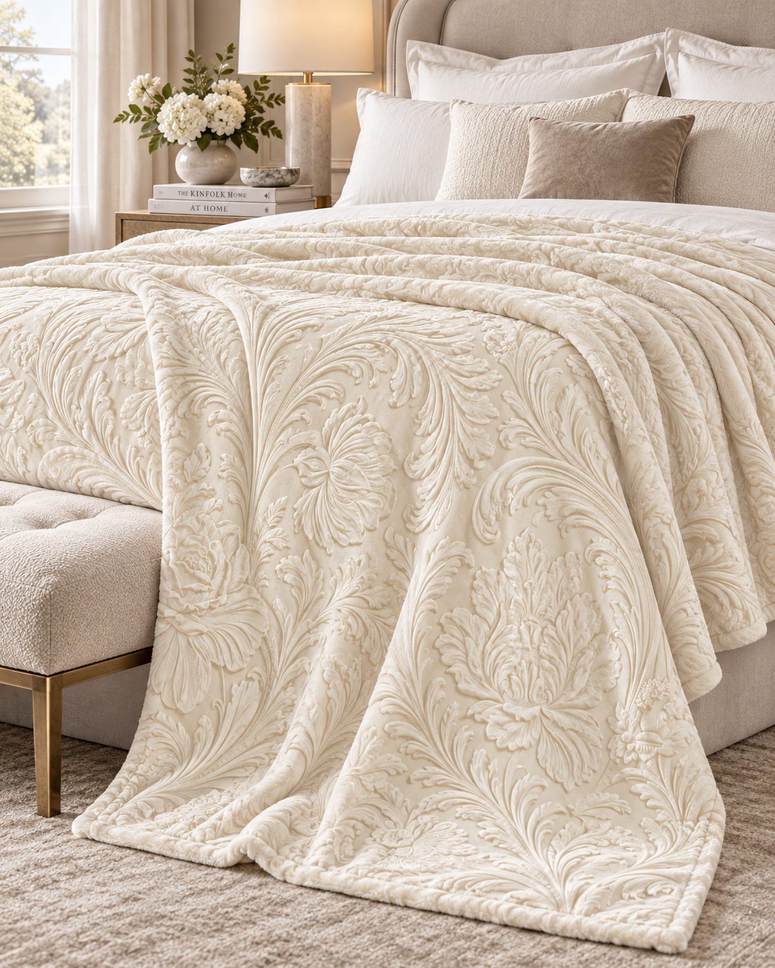 Ivory Embossed Floral Velveteen Plush Blanket