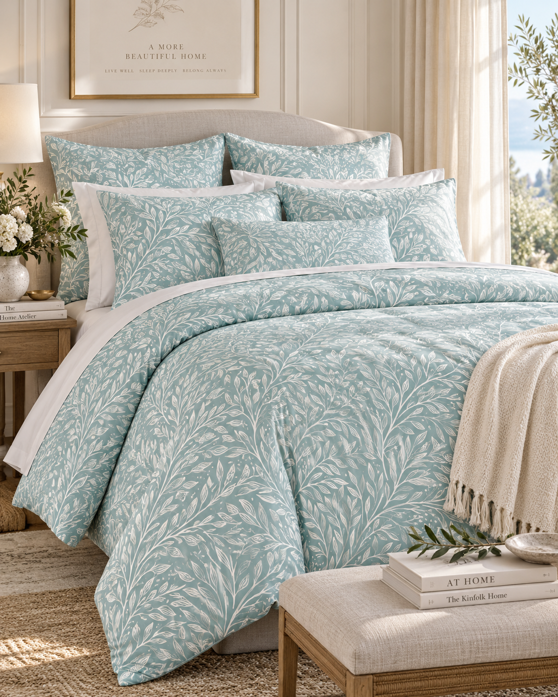 Teal Leaf Vine Pattern Cotton Bed Set | Duvet Cover Pillowcases