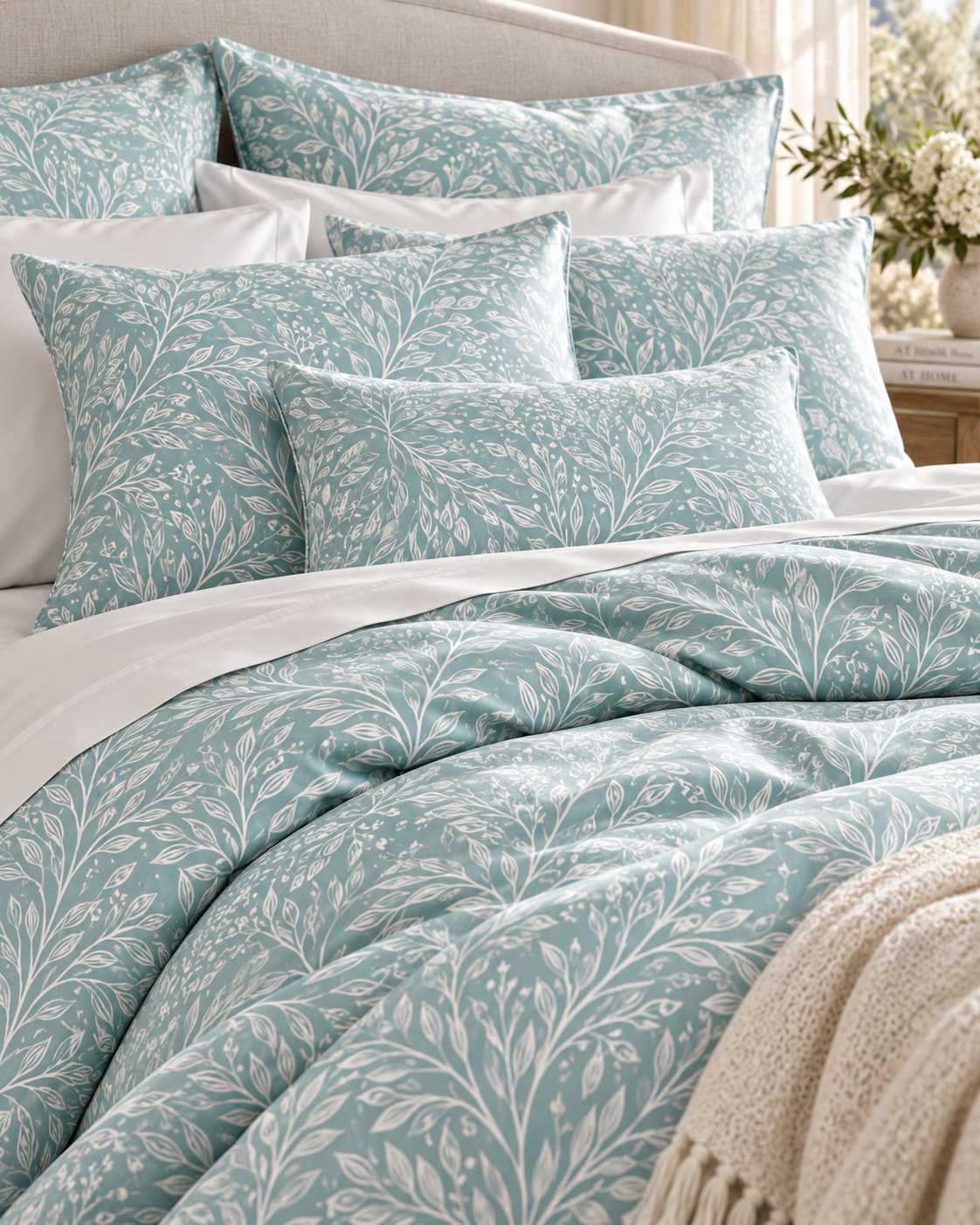 Teal Leaf Vine Pattern Cotton Bed Set | Duvet Cover Pillowcases