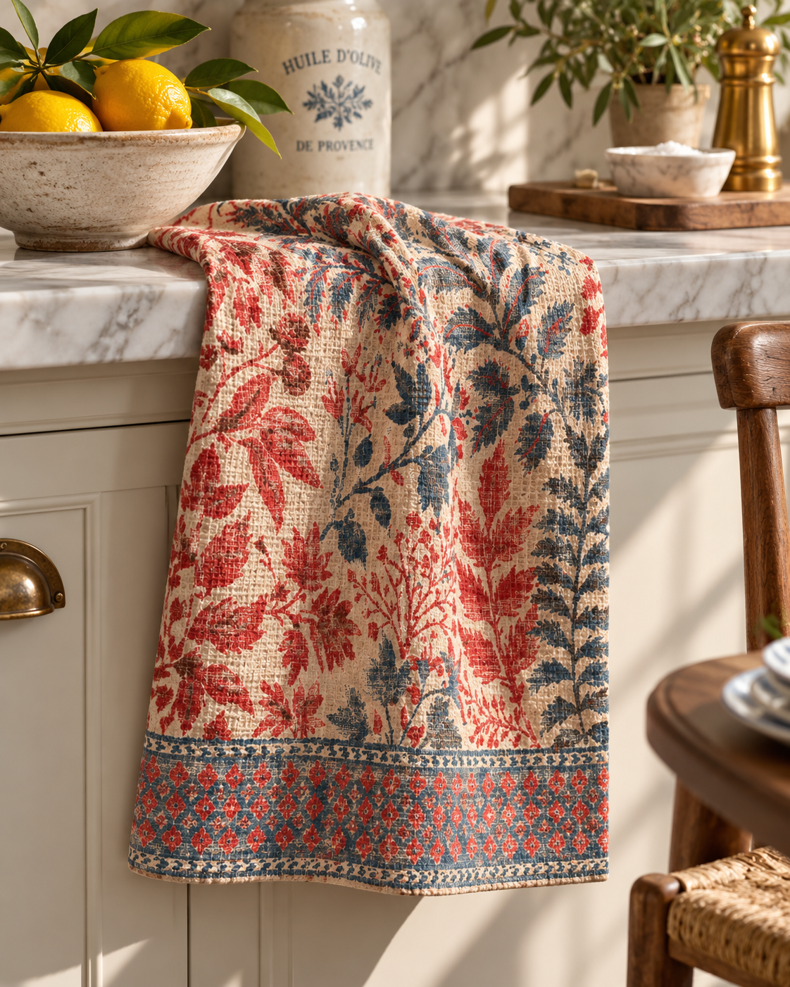 Red Blue Botanical Pattern Waffle Tea Towel | Double-Sided Kitchen Linen