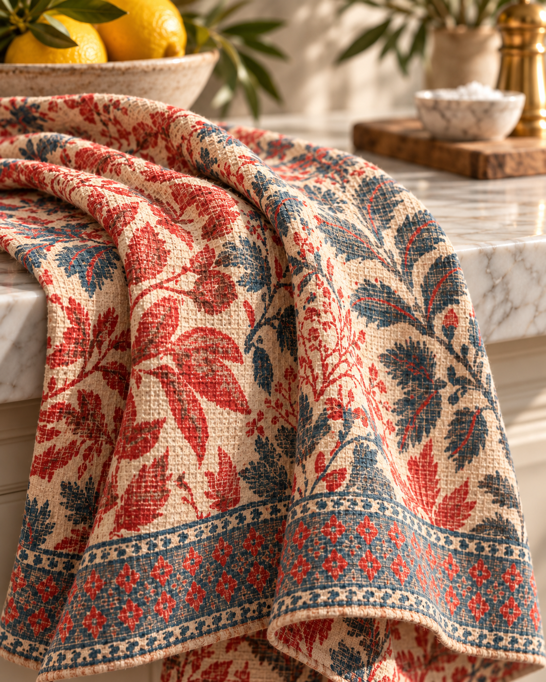 Red Blue Botanical Pattern Waffle Tea Towel | Double-Sided Kitchen Linen