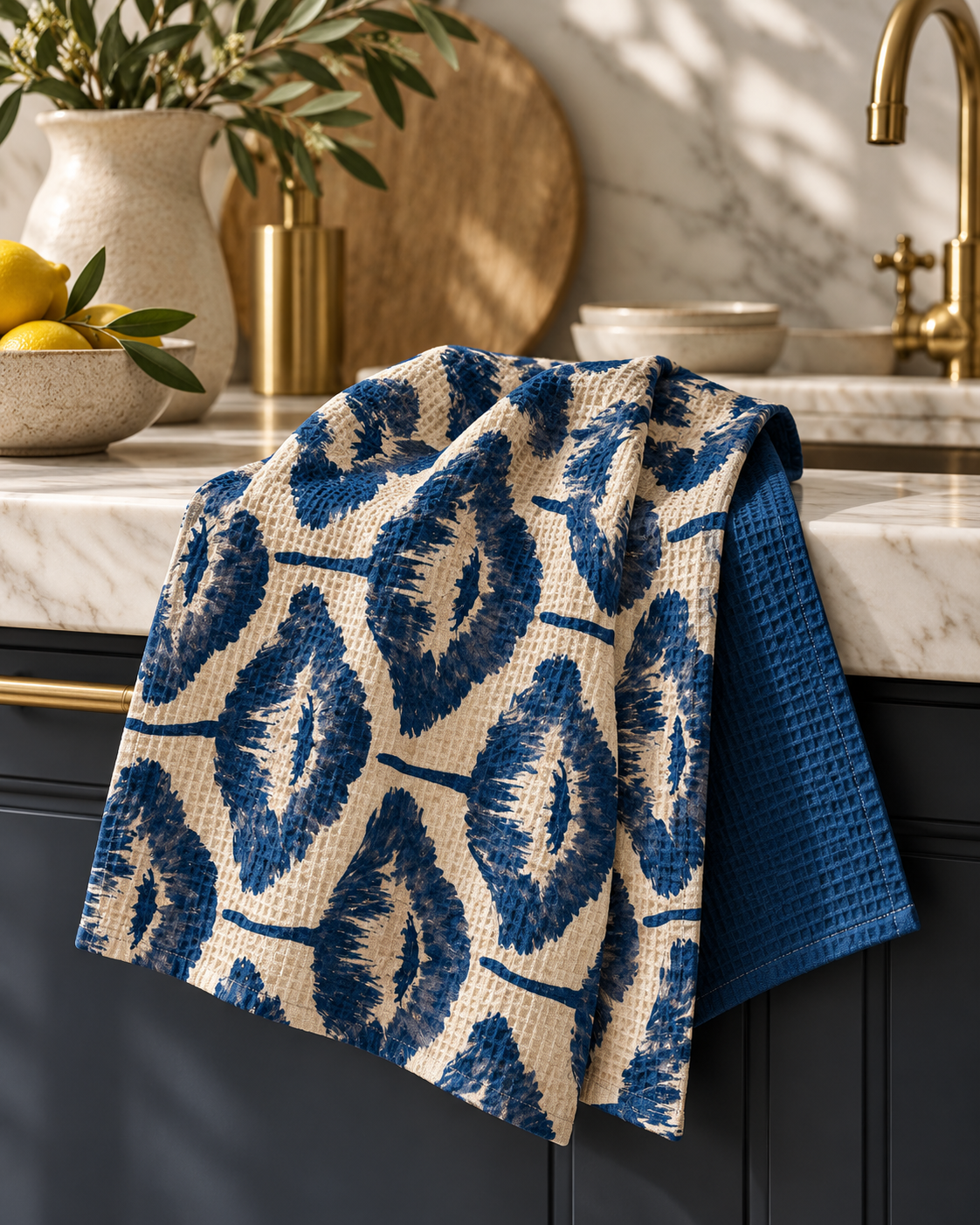 Indigo Ikat Leaf Pattern Tea Towel | Double-Sided Waffle Texture