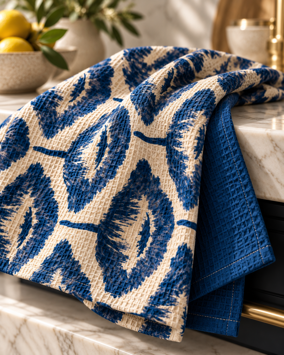 Indigo Ikat Leaf Pattern Tea Towel | Double-Sided Waffle Texture