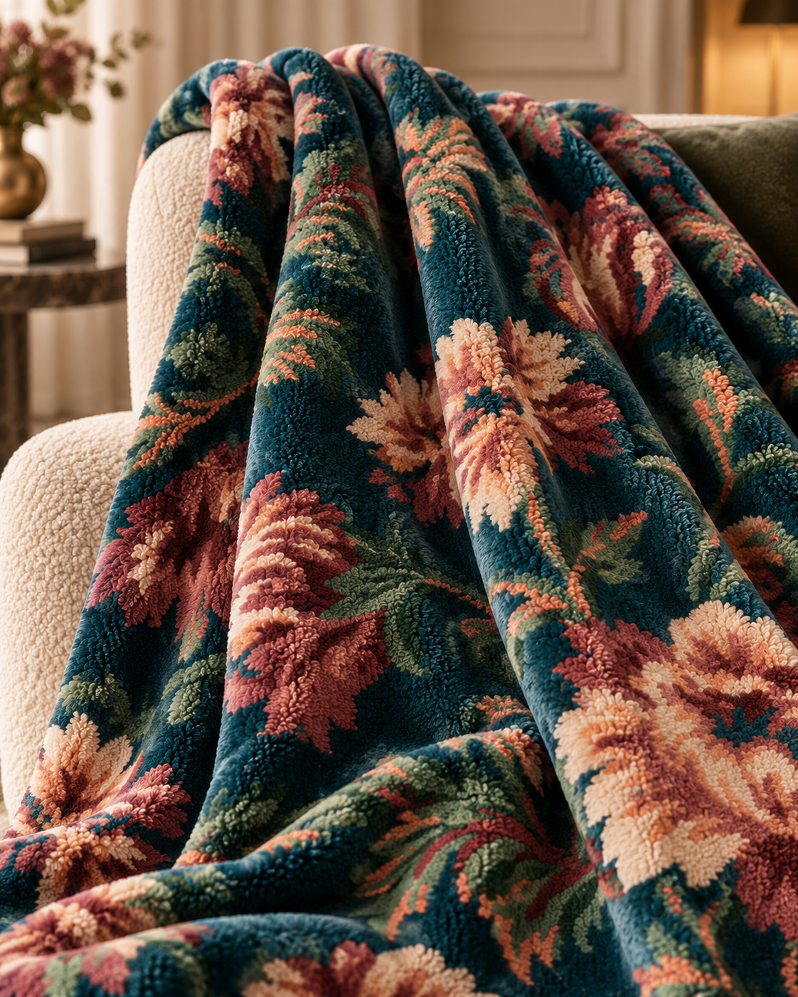 Vintage Floral Rose Pattern Velveteen Plush Blanket | Dark Green