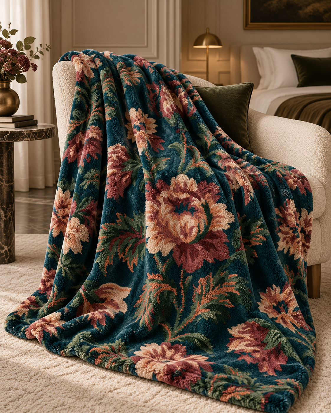 Vintage Floral Rose Pattern Velveteen Plush Blanket | Dark Green