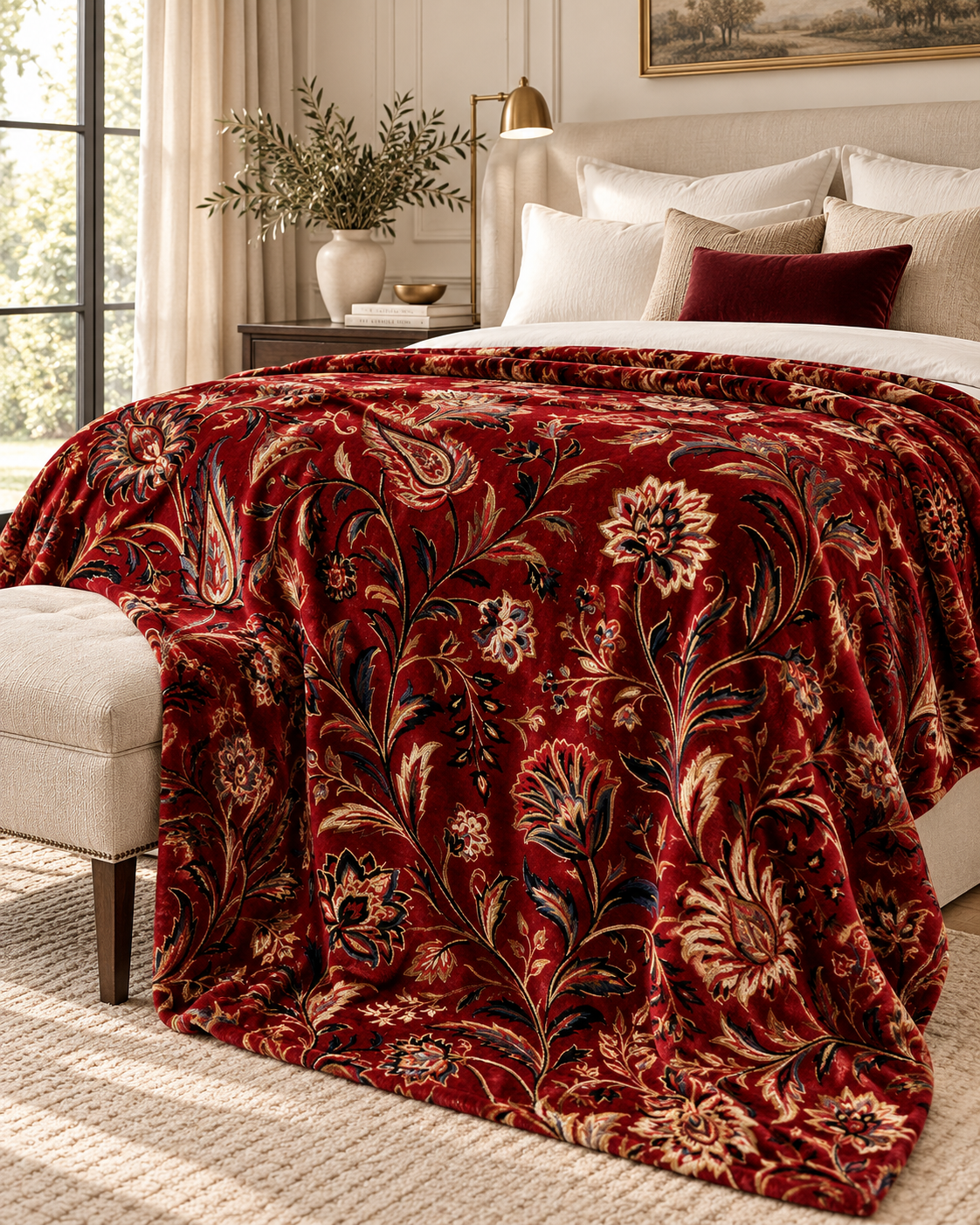 Red Floral Paisley Velveteen Plush Blanket | Vintage Botanical Throw
