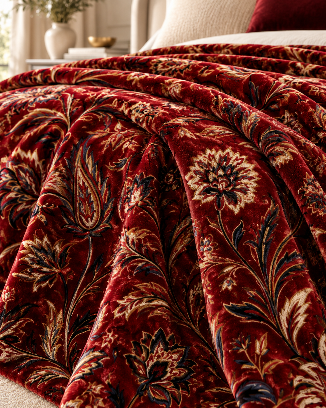 Red Floral Paisley Velveteen Plush Blanket | Vintage Botanical Throw