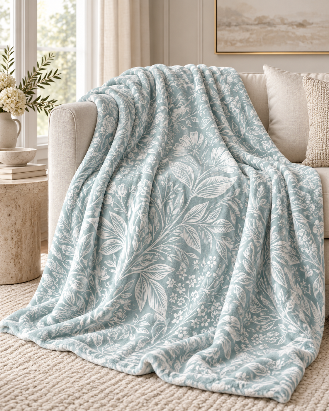 Teal Botanical Floral Pattern Velveteen Plush Blanket | Leafy Vintage Meadow Throw