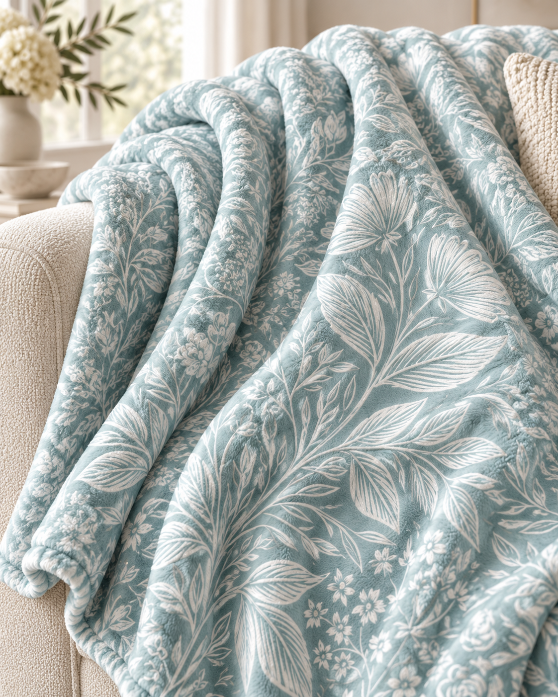 Teal Botanical Floral Pattern Velveteen Plush Blanket | Leafy Vintage Meadow Throw