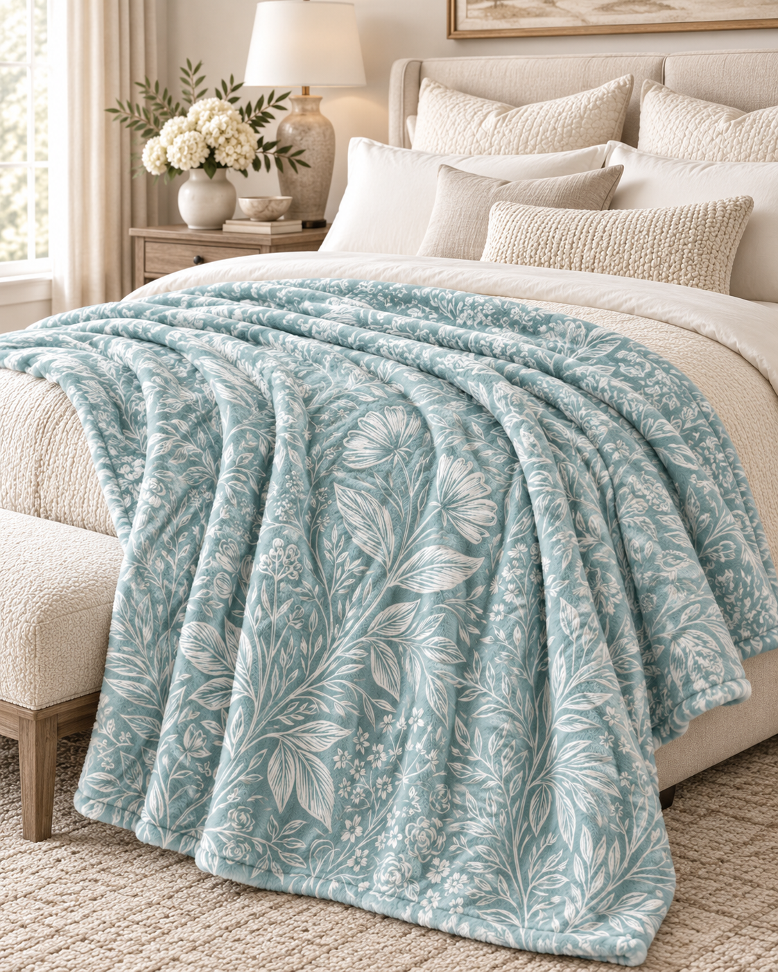 Teal Botanical Floral Pattern Velveteen Plush Blanket | Leafy Vintage Meadow Throw