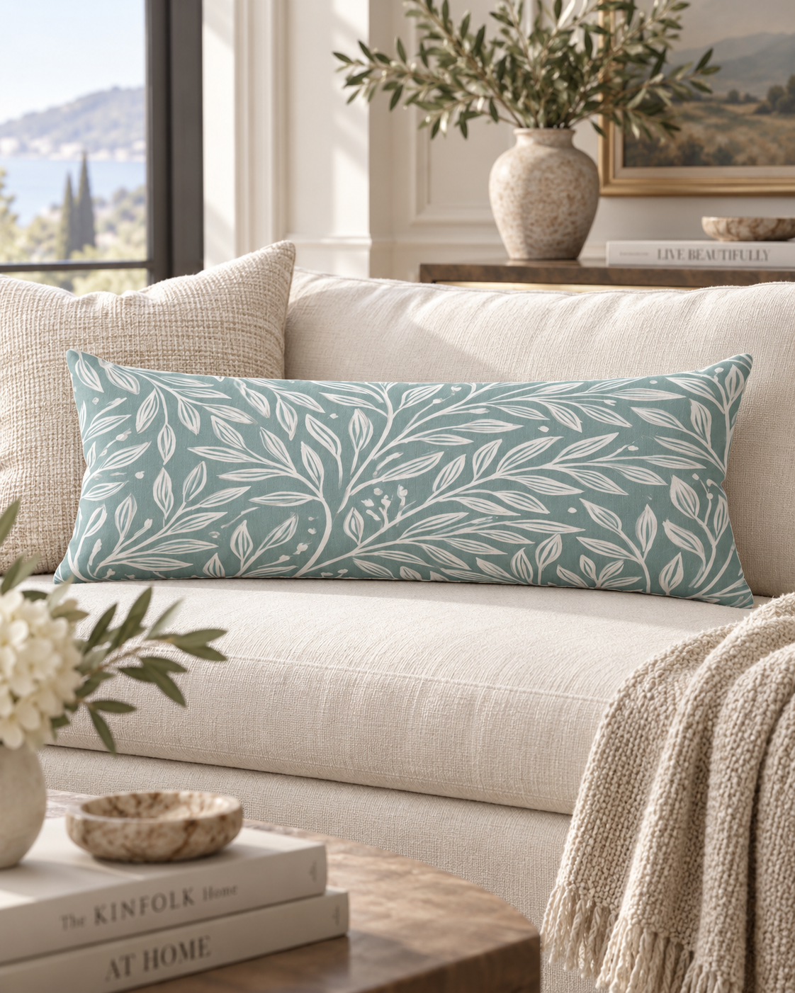 Seafoam Leaf Pattern Body Pillow | Botanical Vines, Pastel Green