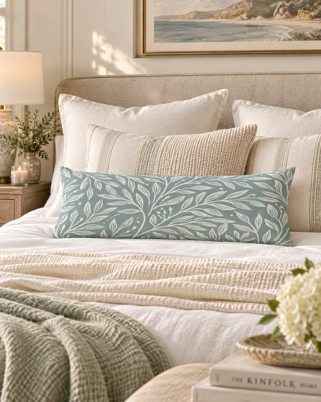 Seafoam Leaf Pattern Body Pillow | Botanical Vines, Pastel Green
