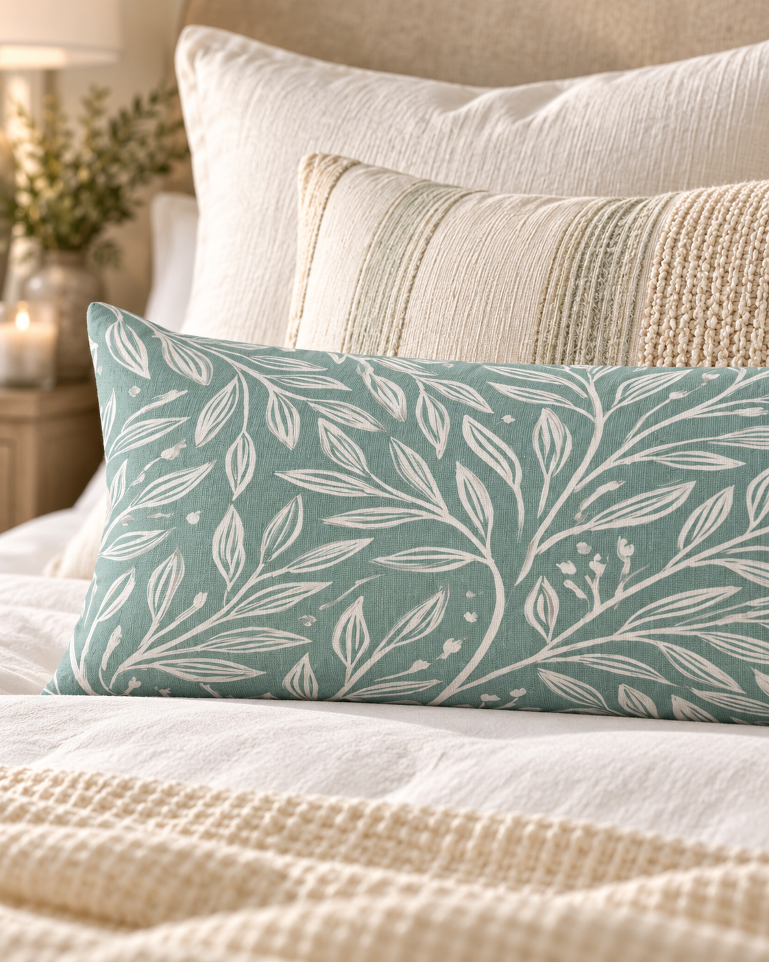 Seafoam Leaf Pattern Body Pillow | Botanical Vines, Pastel Green