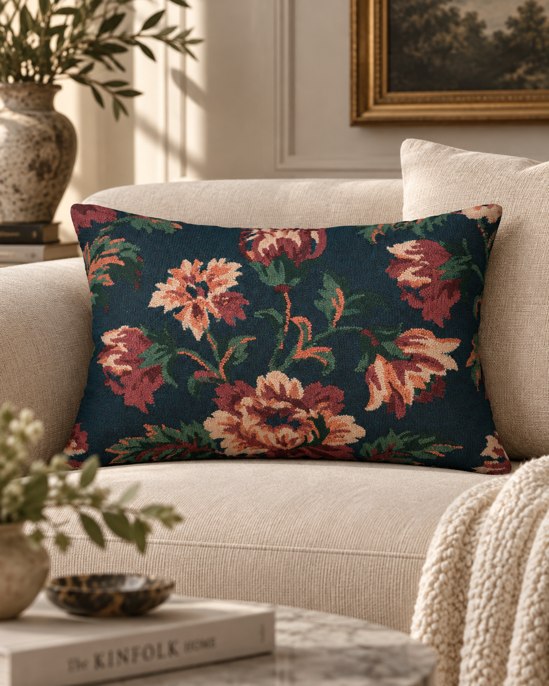 Vintage Floral Pattern lumbar pillow | navy rose botanical print