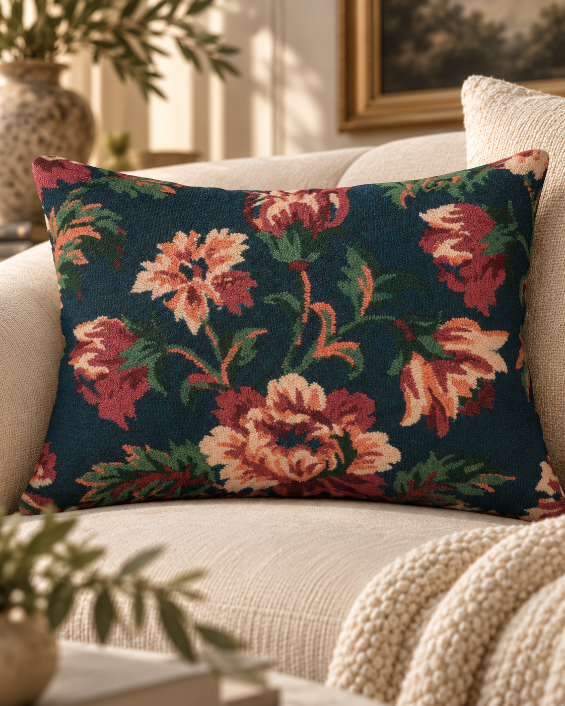 Vintage Floral Pattern lumbar pillow | navy rose botanical print