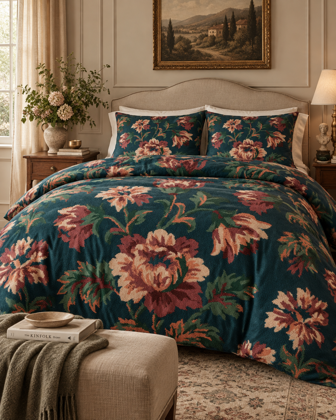 Vintage Floral Pattern Cotton Bed Set | Dark Teal Rose Duvet Cover