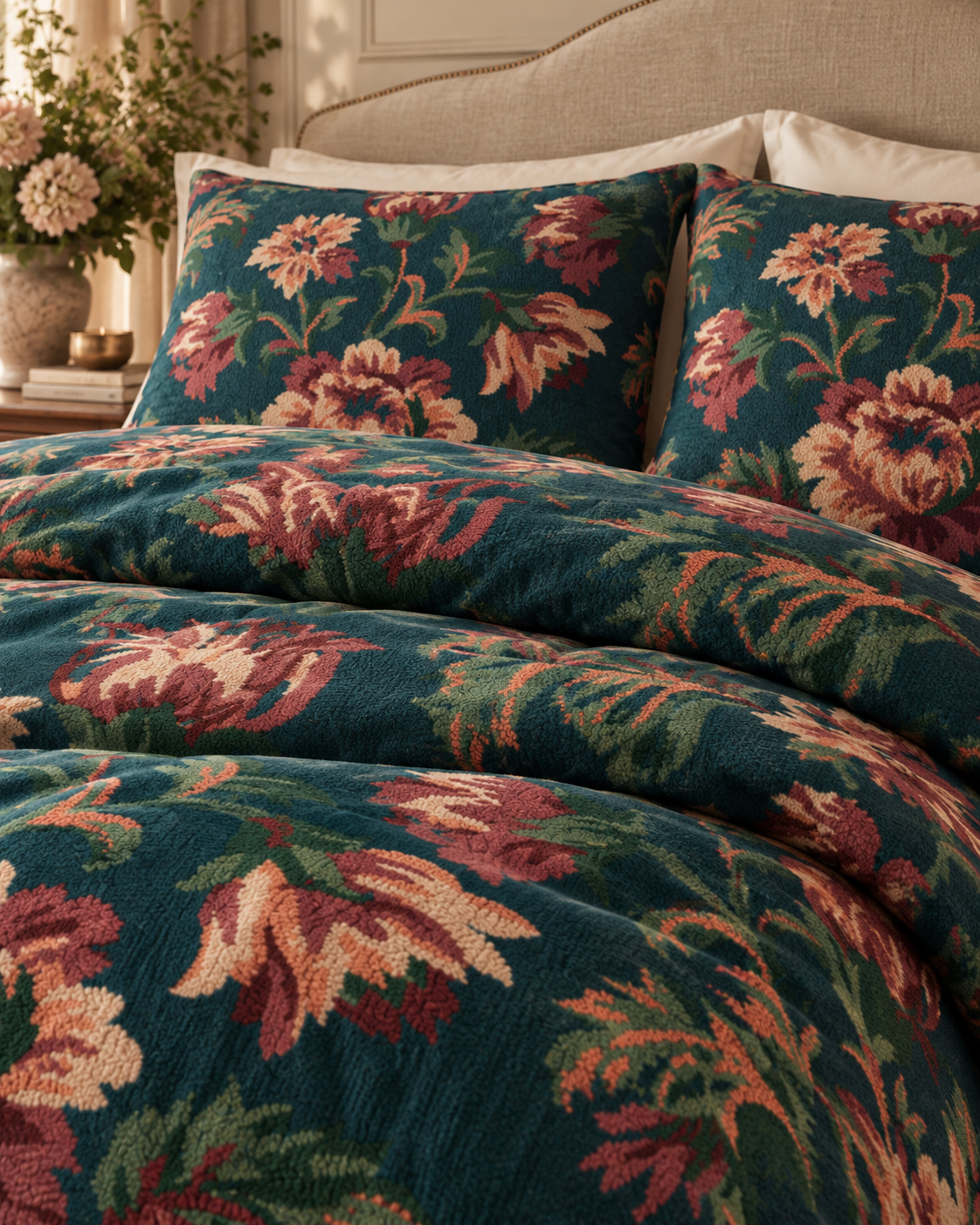 Vintage Floral Pattern Cotton Bed Set | Dark Teal Rose Duvet Cover