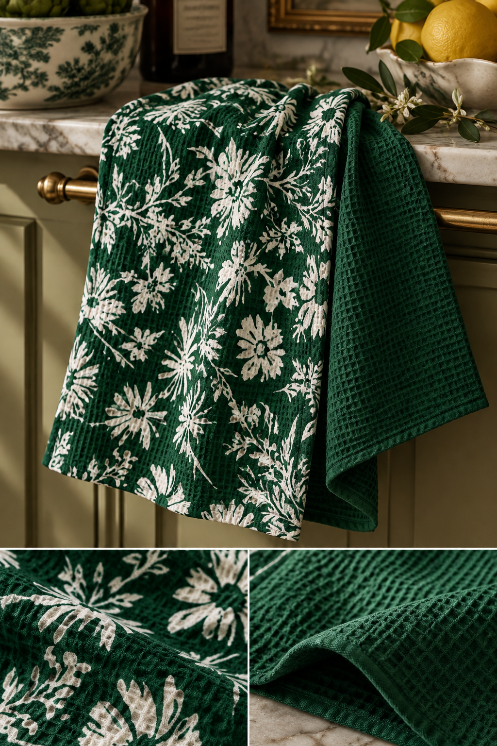 White Daisy Floral Tea Towel | Double-Sided Green Botanical Kitchen Towel