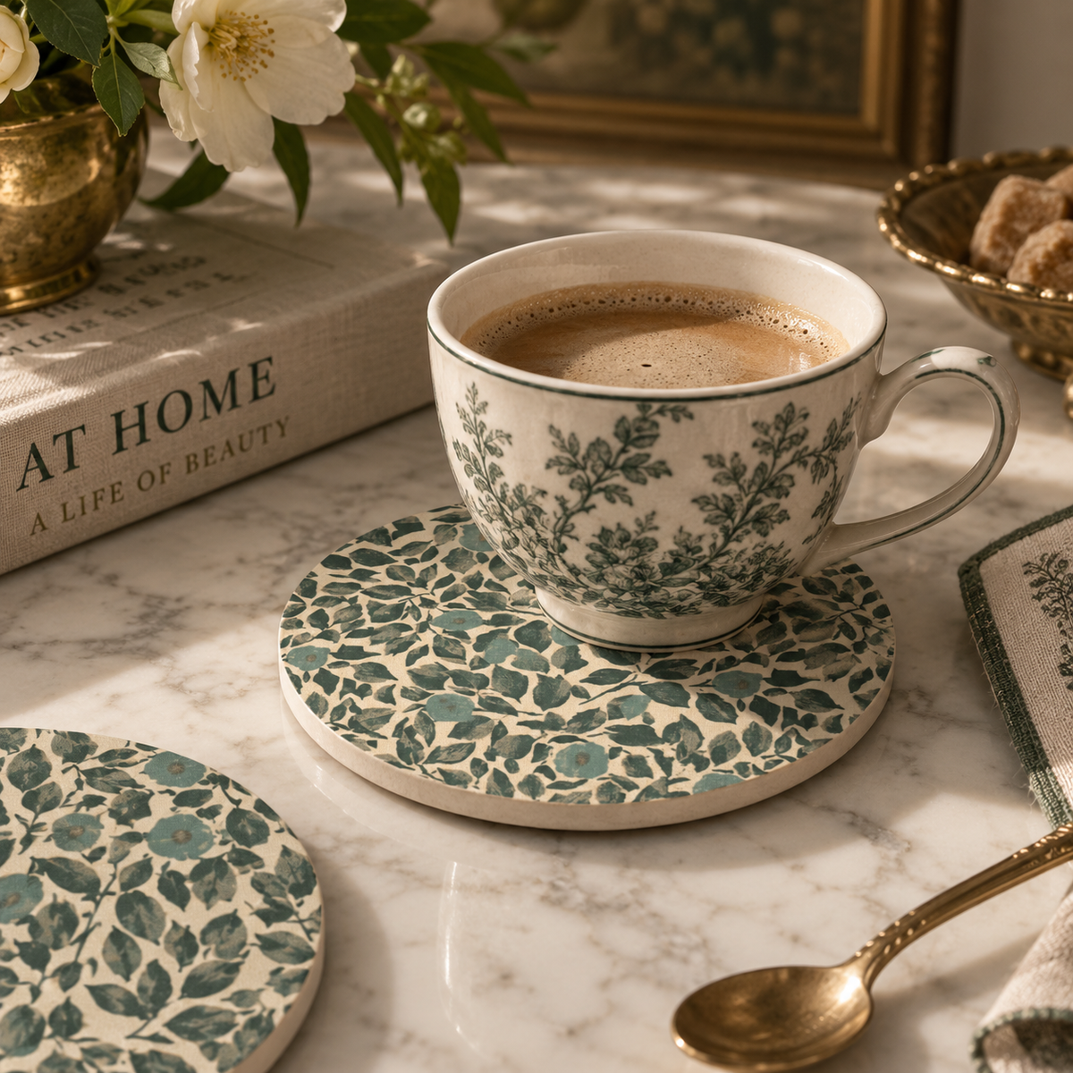 Verdigris Bloom Ceramic Coaster