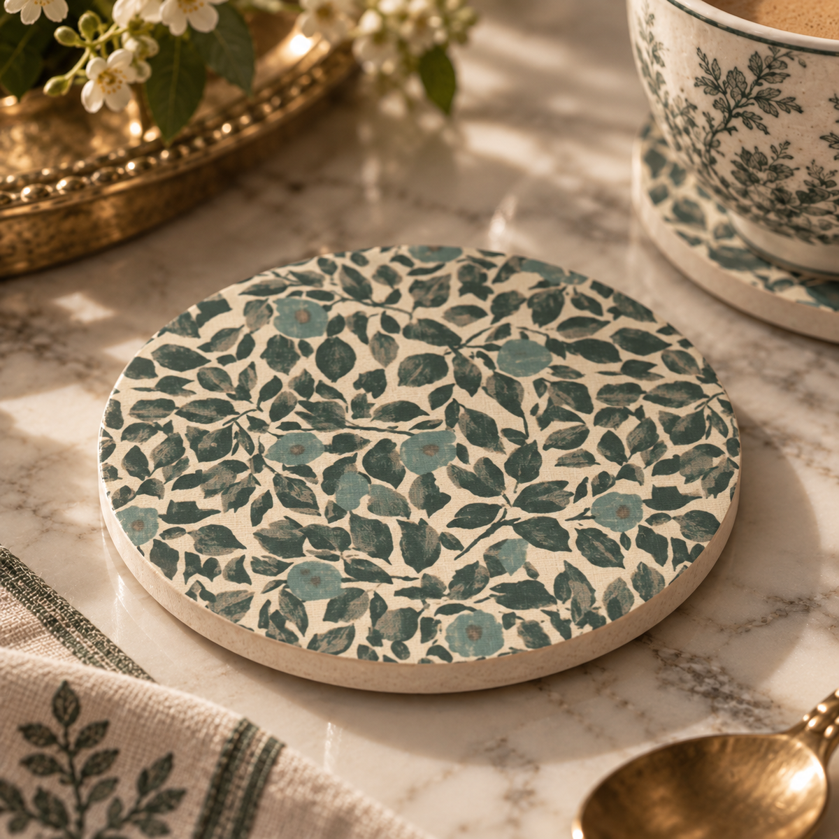 Verdigris Bloom Ceramic Coaster