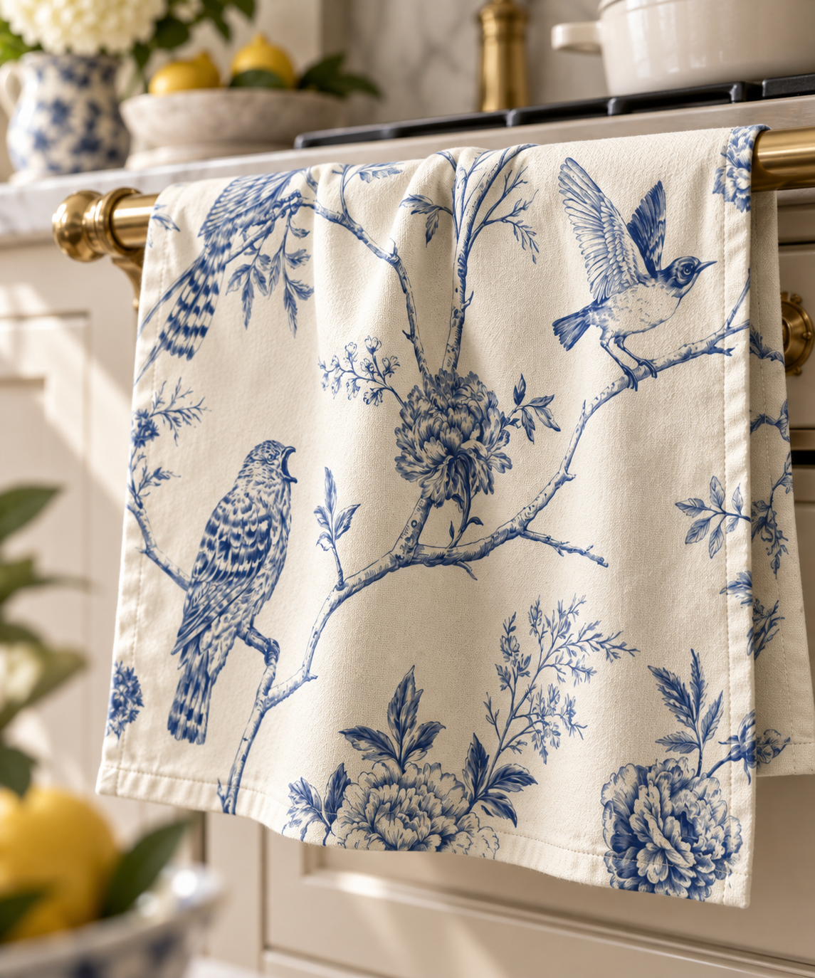Blue Aviary Toile Tea Towel, Botanical Bird Kitchen Towel, Cotton or Cotton-Linen, French Country Blue & Ivory Kitchen Decor