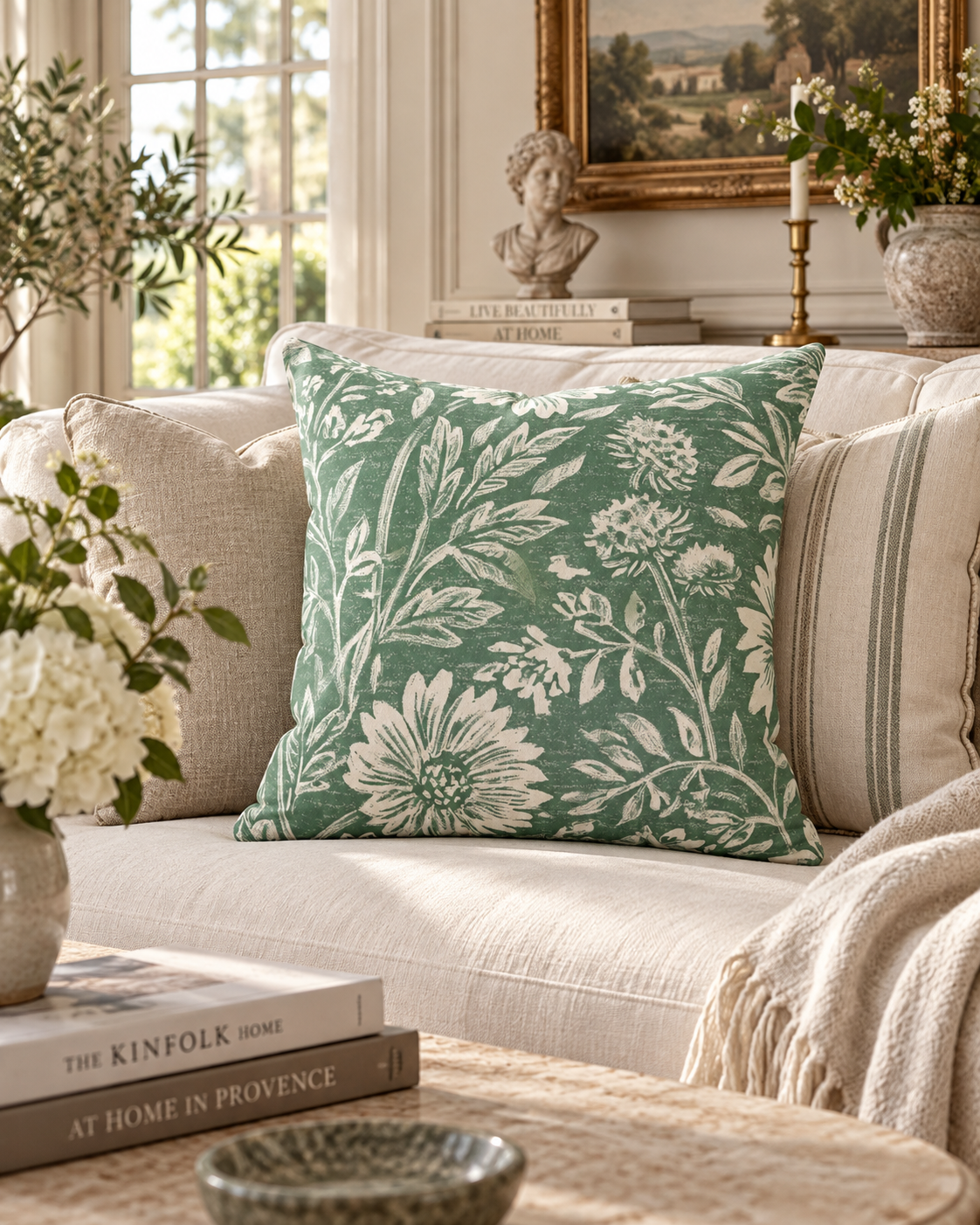 Green Floral Pattern Faux Suede Square Pillow