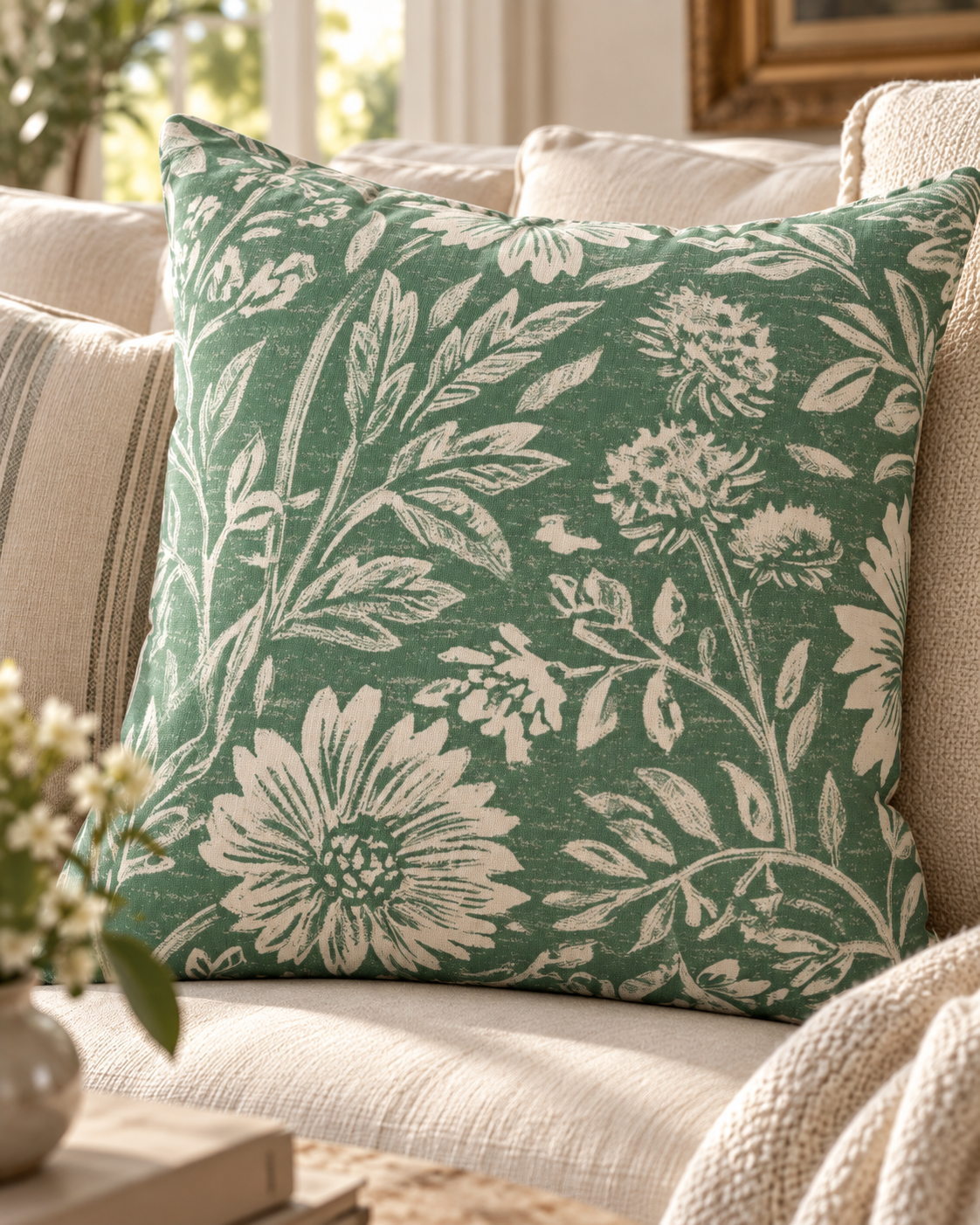 Green Floral Pattern Faux Suede Square Pillow